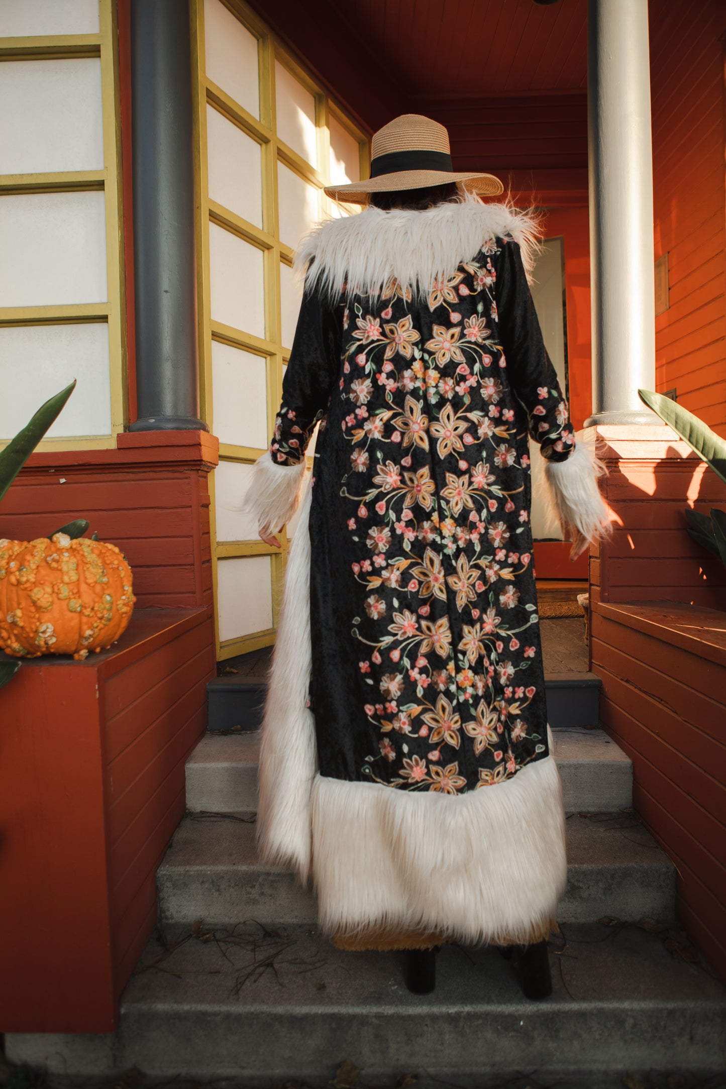 jennafer grace Harmony Embroidered Velvet deluxe penny lane faux fur duster jacket coat almost famous klaus hargreeves ivory cream faux fur dark floral embroidered velvet goth gothic boho bohemian hippie romantic whimsical retro opera coat 70s revival 1970s unisex handmade in California USA