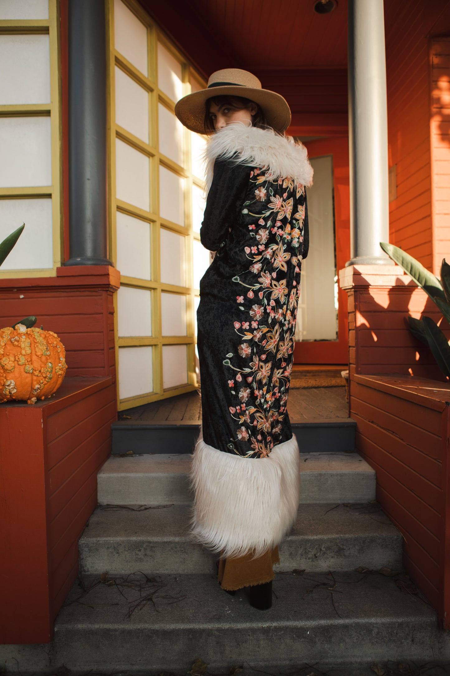 jennafer grace Harmony Embroidered Velvet deluxe penny lane faux fur duster jacket coat almost famous klaus hargreeves ivory cream faux fur dark floral embroidered velvet goth gothic boho bohemian hippie romantic whimsical retro opera coat 70s revival 1970s unisex handmade in California USA