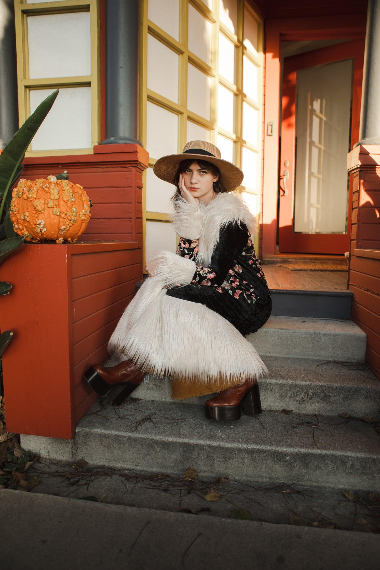 jennafer grace Harmony Embroidered Velvet deluxe penny lane faux fur duster jacket coat almost famous klaus hargreeves ivory cream faux fur dark floral embroidered velvet goth gothic boho bohemian hippie romantic whimsical retro opera coat 70s revival 1970s unisex handmade in California USA