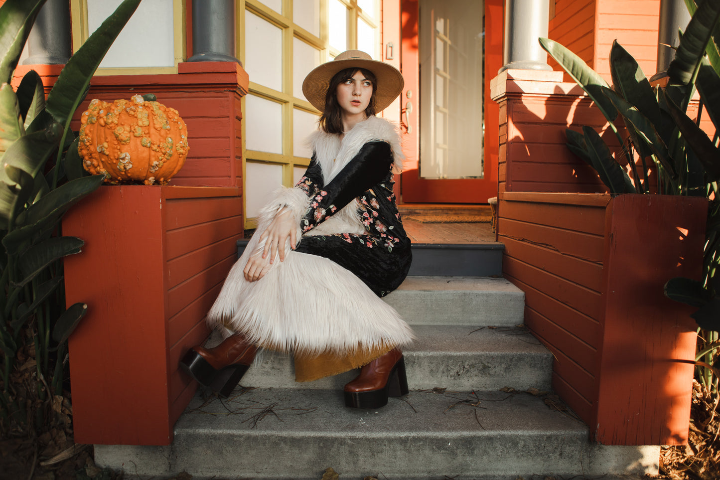 jennafer grace Harmony Embroidered Velvet deluxe penny lane faux fur duster jacket coat almost famous klaus hargreeves ivory cream faux fur dark floral embroidered velvet goth gothic boho bohemian hippie romantic whimsical retro opera coat 70s revival 1970s unisex handmade in California USA