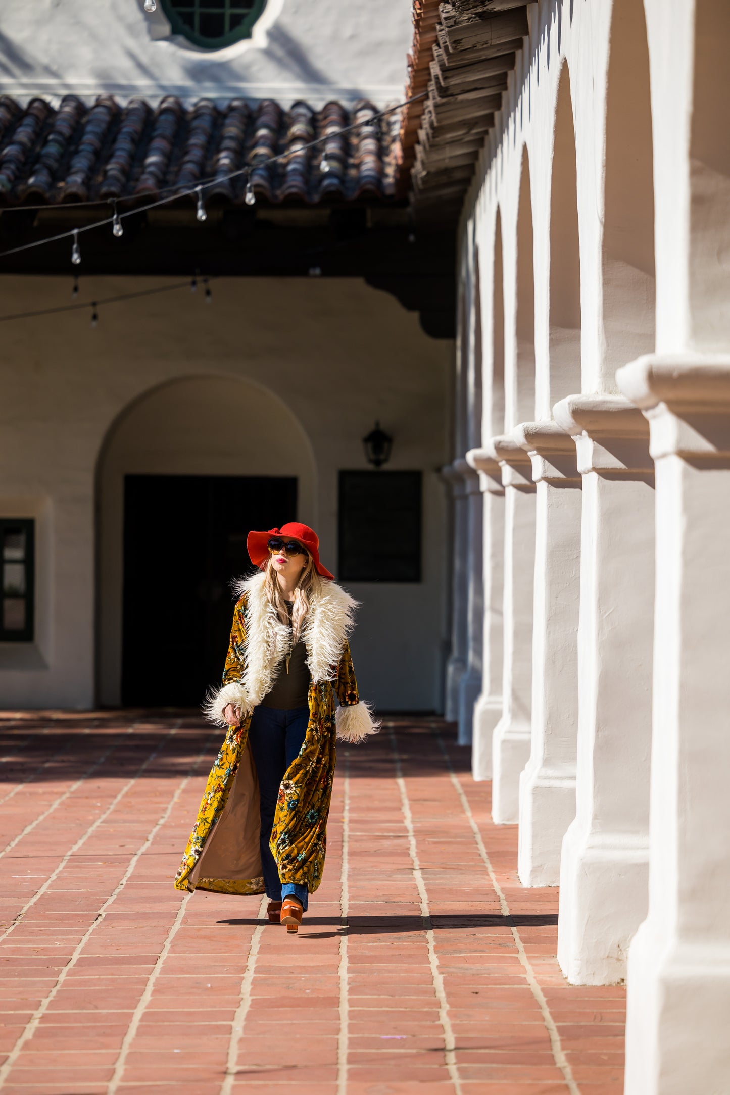 jennafer grace penny mustard blossom faux fur jacket duster boho bohemian hippie romantic whimsical floral ochre yellow almost famous retro vintage 1960s 1970s unisex handmade in california usa