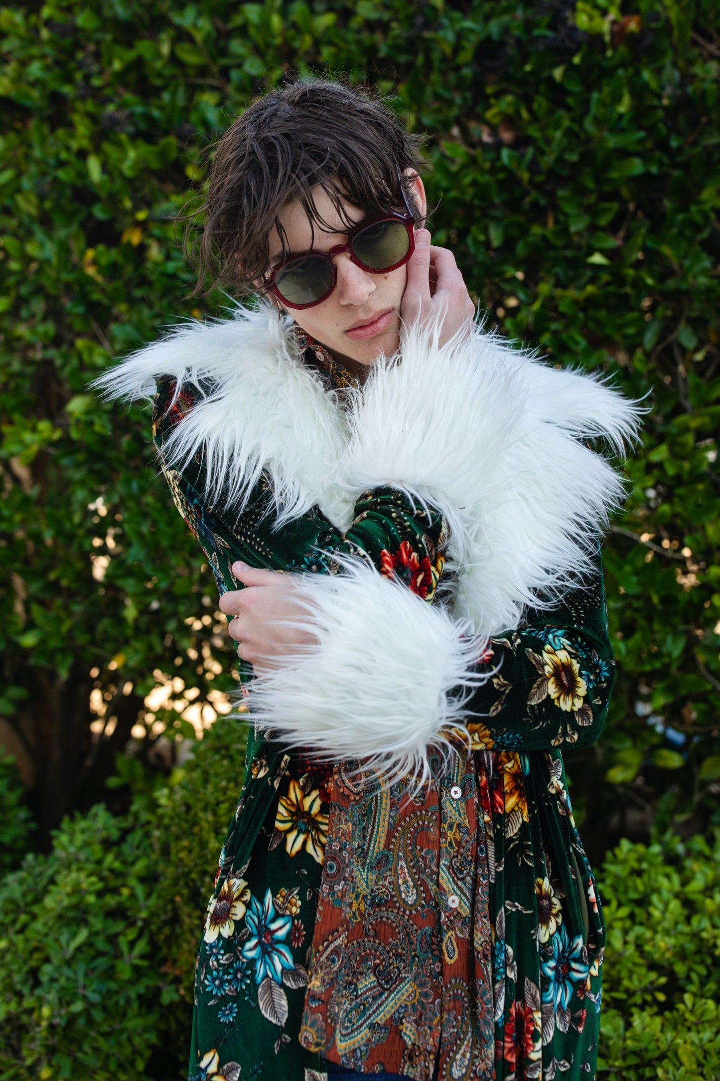 jennafer grace penny pine blossom faux fur jacket duster boho bohemian hippie romantic whimsical floral olive forest green almost famous retro vintage 1960s 1970s unisex handmade
