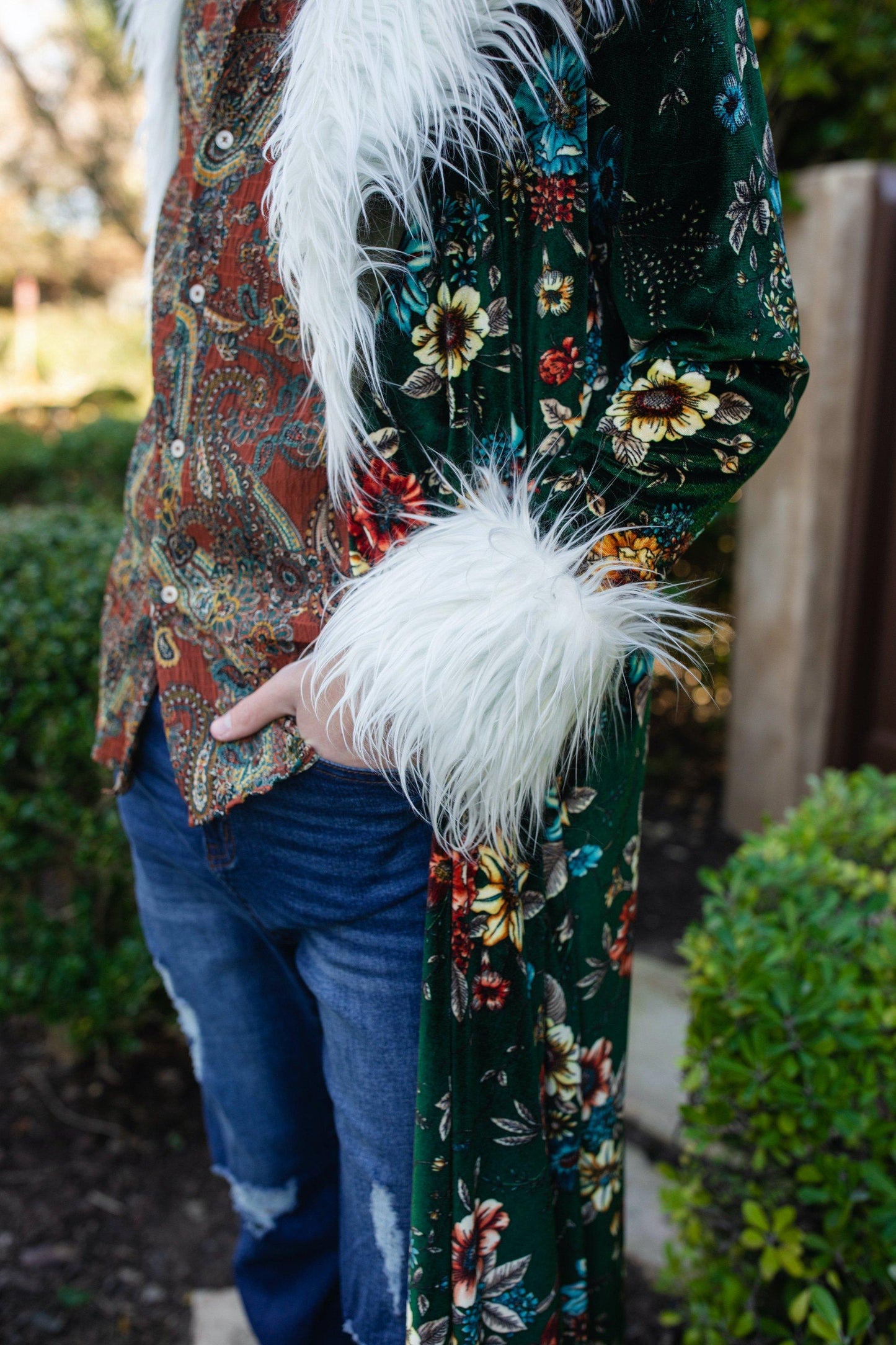 jennafer grace penny pine blossom faux fur jacket duster boho bohemian hippie romantic whimsical floral olive forest green almost famous retro vintage 1960s 1970s unisex handmade