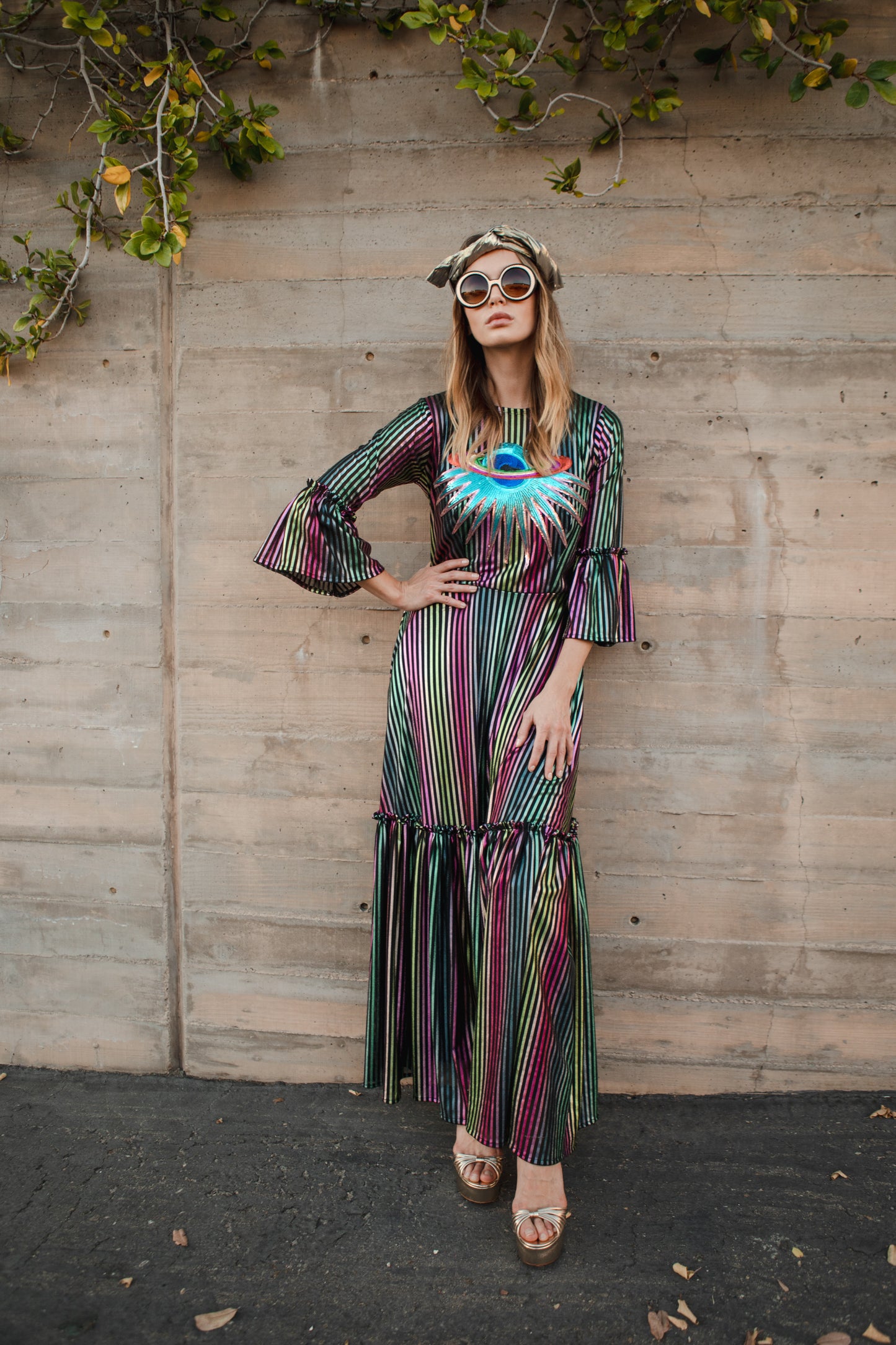 Jennafer Grace Planet Queen Carnivale 1-Tier ruffle dress thin metallic vertical stripes pink yellow green teal black striped with sequin planet saturn planetary embroidery patch festive summer dress Studio 54 disco evening gown full circle skirt bell sleeves gothic boho bohemian hippie romantic whimsical unisex handmade in California USA