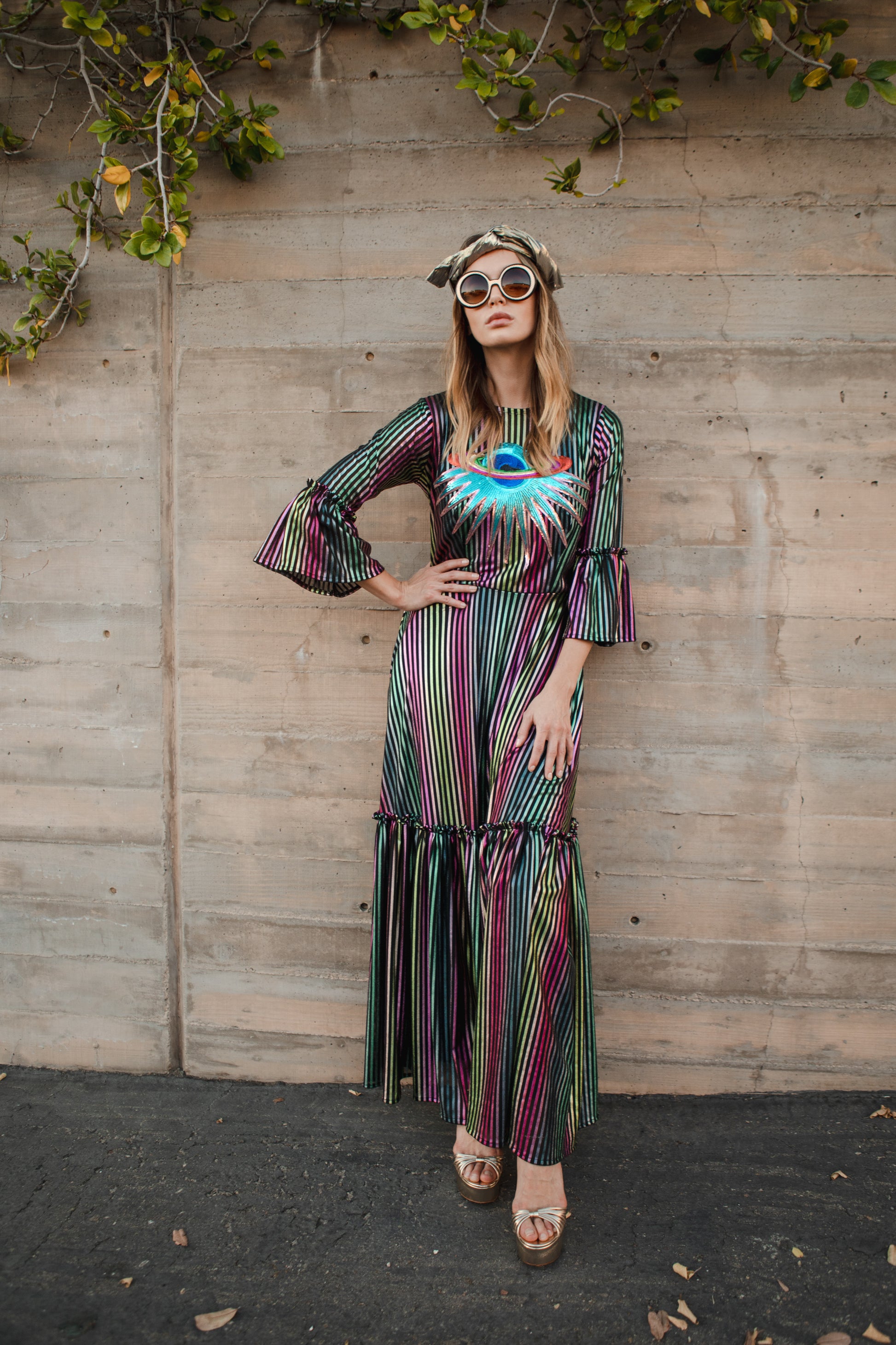 Jennafer Grace Planet Queen Carnivale 1-Tier ruffle dress thin metallic vertical stripes pink yellow green teal black striped with sequin planet saturn planetary embroidery patch festive summer dress Studio 54 disco evening gown full circle skirt bell sleeves gothic boho bohemian hippie romantic whimsical unisex handmade in California USA