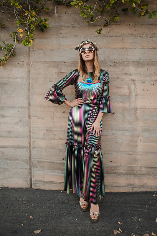 Jennafer Grace Planet Queen Carnivale 1-Tier ruffle dress thin metallic vertical stripes pink yellow green teal black striped with sequin planet saturn planetary embroidery patch festive summer dress Studio 54 disco evening gown full circle skirt bell sleeves gothic boho bohemian hippie romantic whimsical unisex handmade in California USA