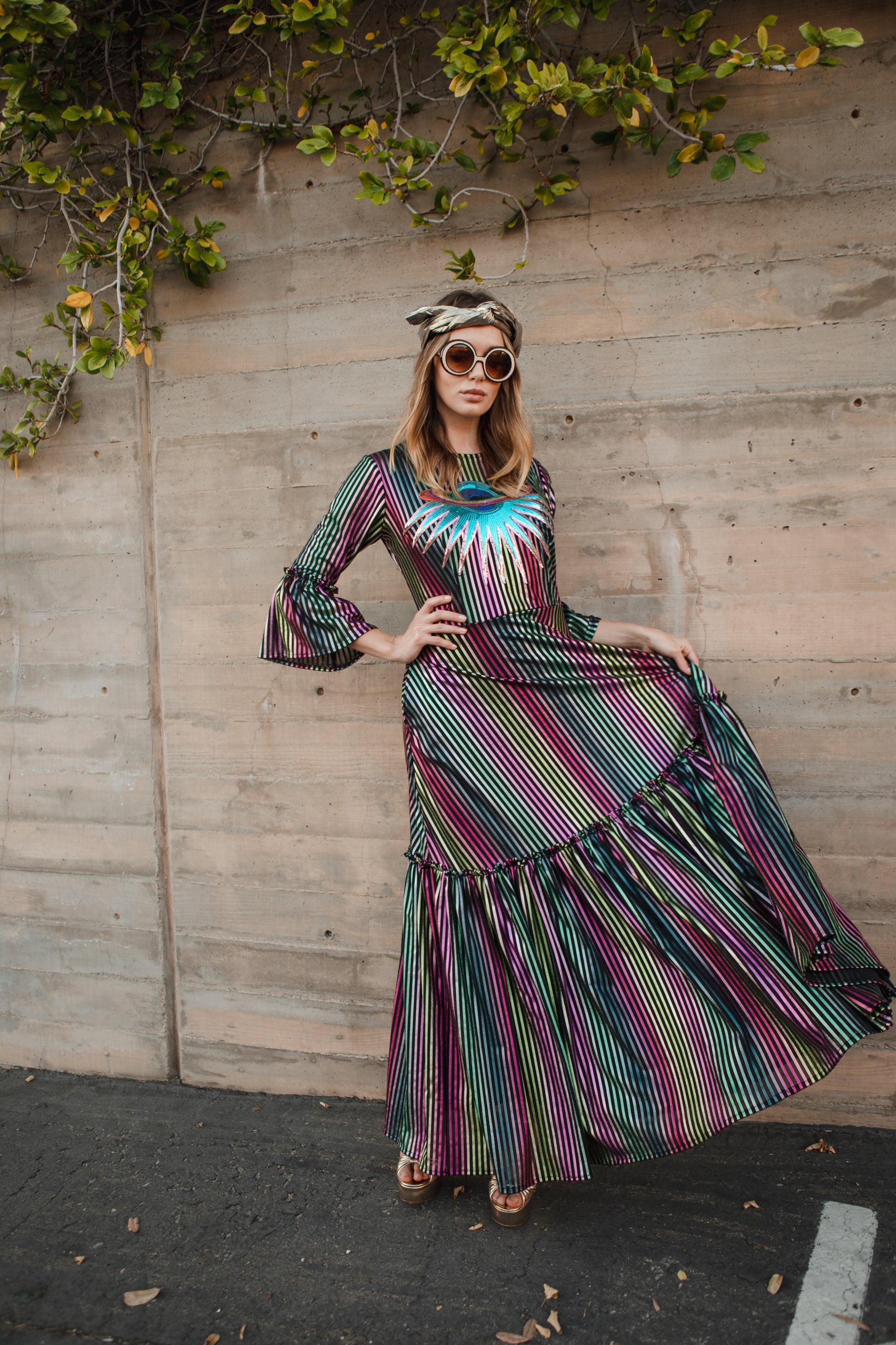 Jennafer Grace Planet Queen Carnivale 1-Tier ruffle dress thin metallic vertical stripes pink yellow green teal black striped with sequin planet saturn planetary embroidery patch festive summer dress Studio 54 disco evening gown full circle skirt bell sleeves gothic boho bohemian hippie romantic whimsical unisex handmade in California USA