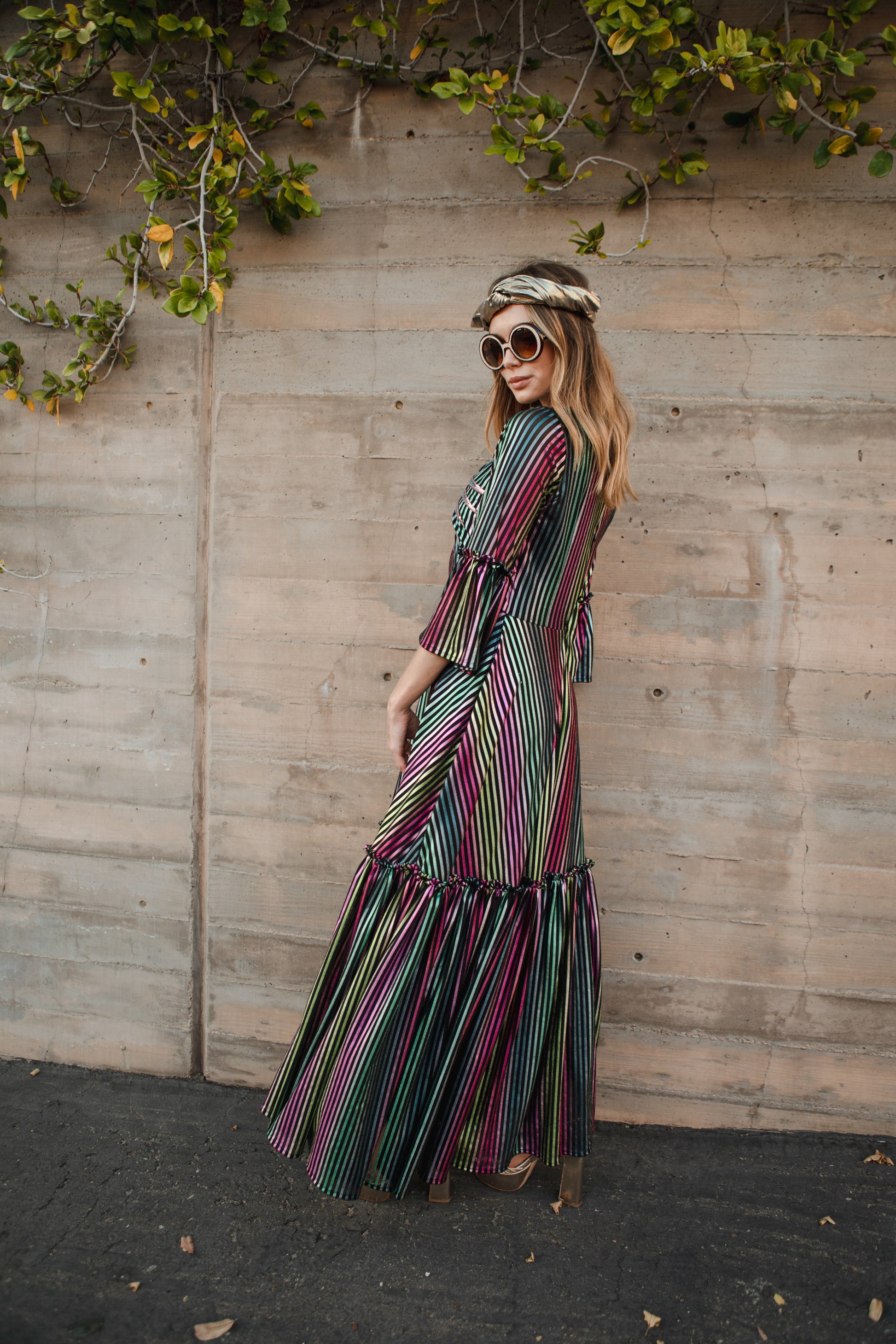 Jennafer Grace Planet Queen Carnivale 1-Tier ruffle dress thin metallic vertical stripes pink yellow green teal black striped with sequin planet saturn planetary embroidery patch festive summer dress Studio 54 disco evening gown full circle skirt bell sleeves gothic boho bohemian hippie romantic whimsical unisex handmade in California USA