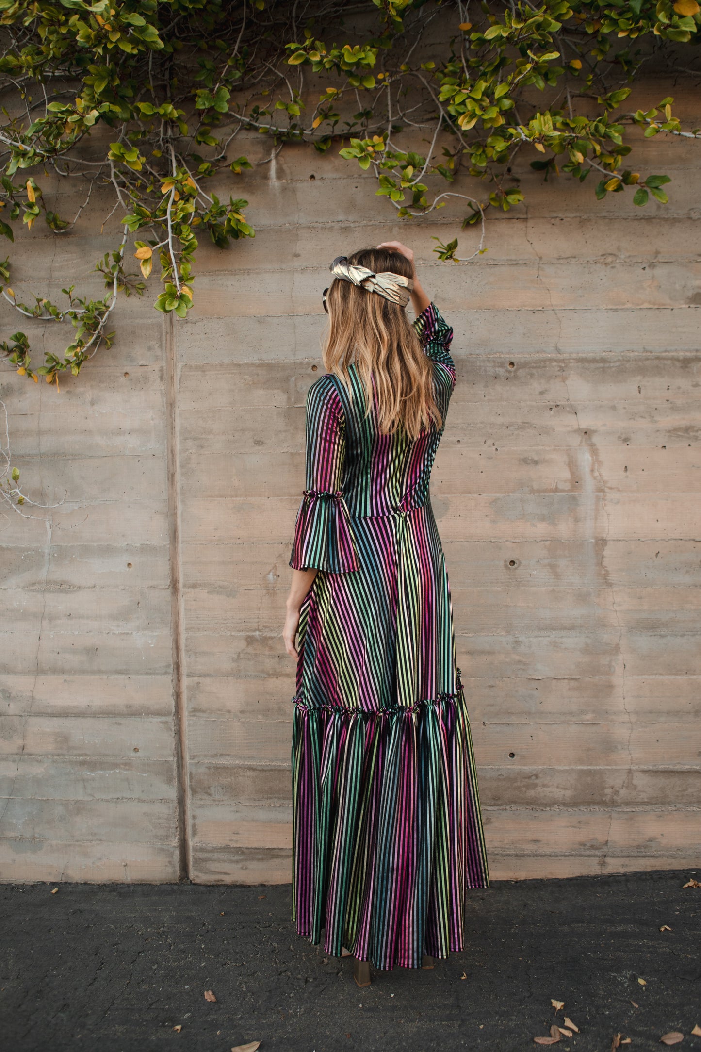 Jennafer Grace Planet Queen Carnivale 1-Tier ruffle dress thin metallic vertical stripes pink yellow green teal black striped with sequin planet saturn planetary embroidery patch festive summer dress Studio 54 disco evening gown full circle skirt bell sleeves gothic boho bohemian hippie romantic whimsical unisex handmade in California USA