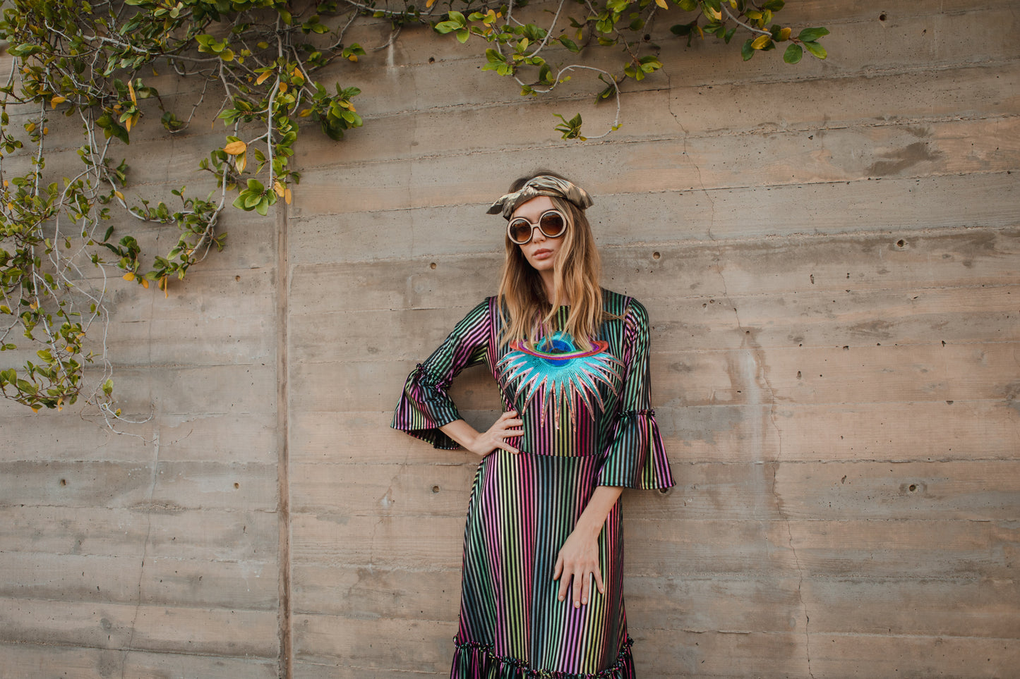 Jennafer Grace Planet Queen Carnivale 1-Tier ruffle dress thin metallic vertical stripes pink yellow green teal black striped with sequin planet saturn planetary embroidery patch festive summer dress Studio 54 disco evening gown full circle skirt bell sleeves gothic boho bohemian hippie romantic whimsical unisex handmade in California USA