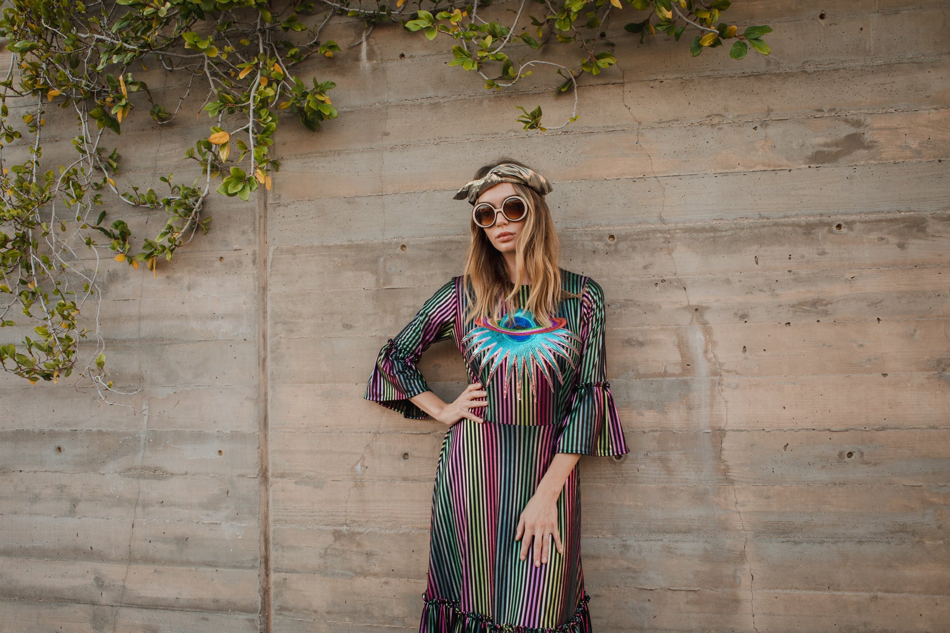 Jennafer Grace Planet Queen Carnivale 1-Tier ruffle dress thin metallic vertical stripes pink yellow green teal black striped with sequin planet saturn planetary embroidery patch festive summer dress Studio 54 disco evening gown full circle skirt bell sleeves gothic boho bohemian hippie romantic whimsical unisex handmade in California USA