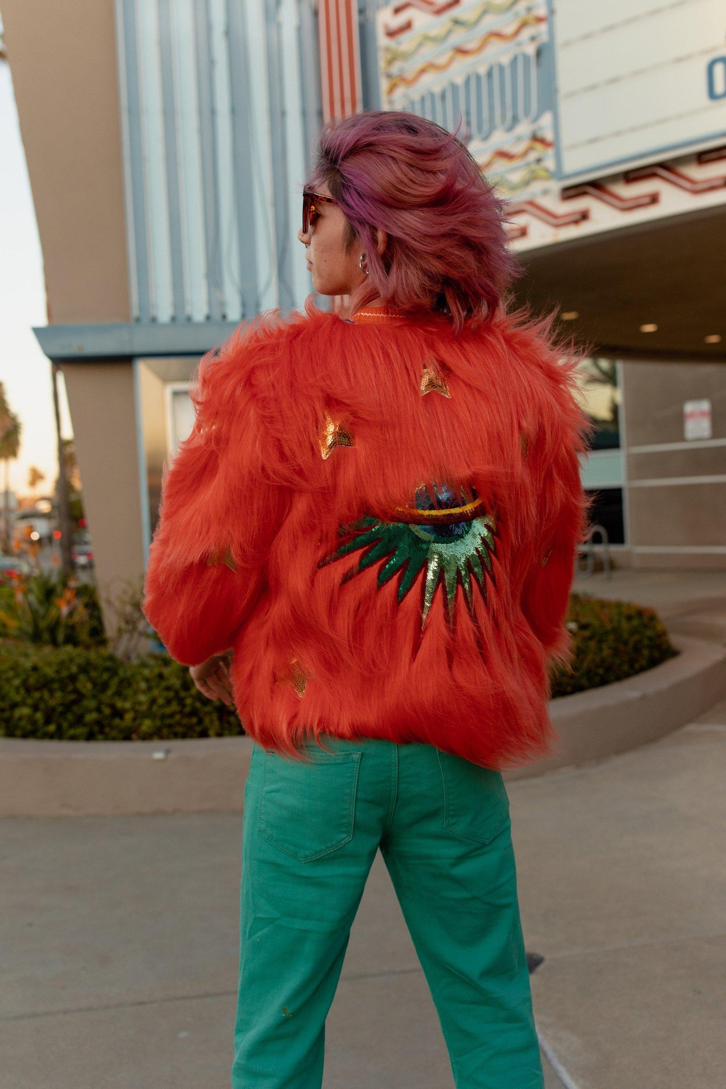 jennafer grace planet queen orange faux fur jacket festival fashion rave raver edc crssd tomorrowland lightning in a bottle burning man streetwear high fashion boho bohemian hippie unisex handmade