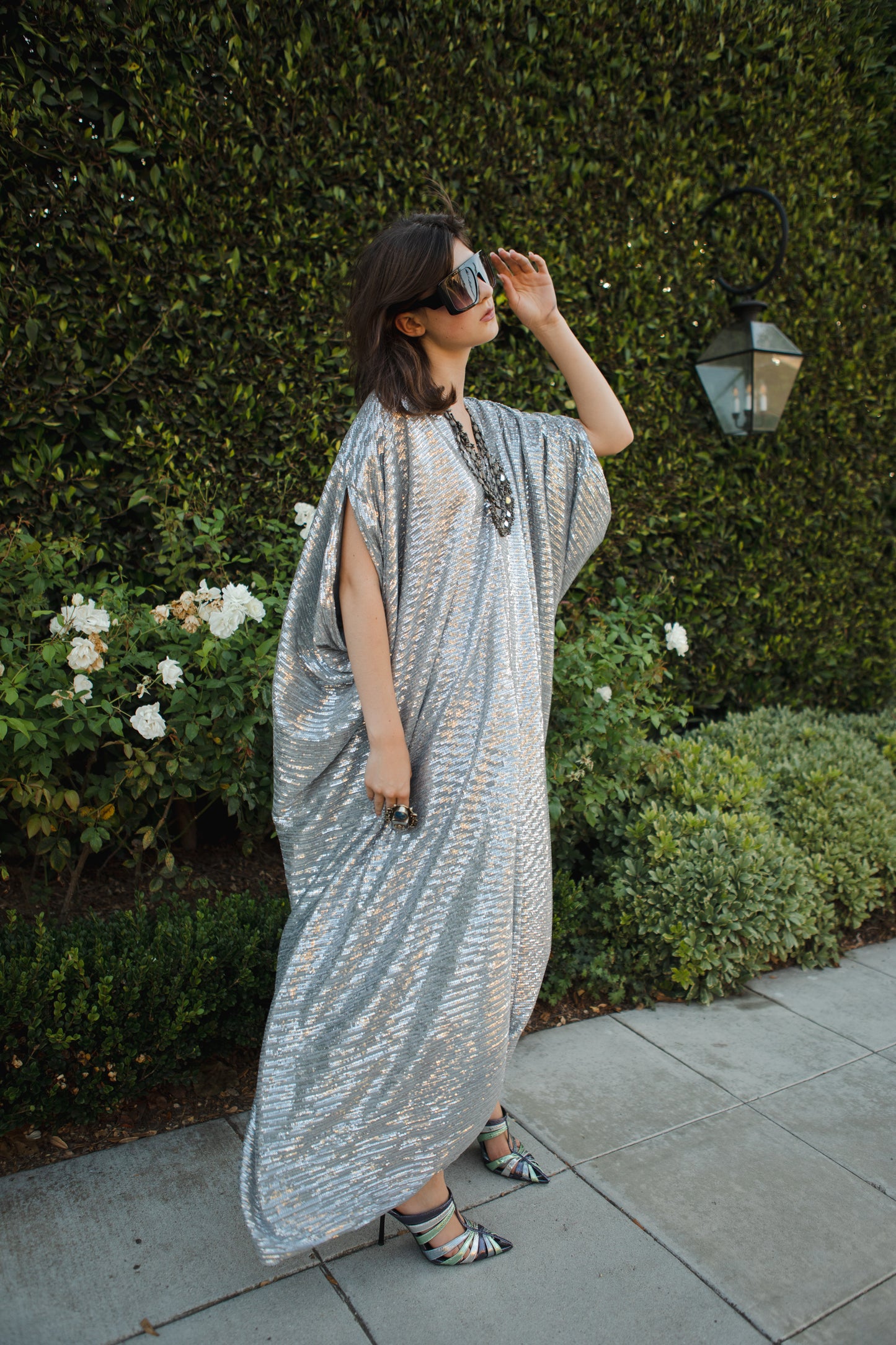 jennafer grace Platinum Sequin caftan shiny shimmery glittering bright silver sequined kaftan mumu shift dress coverup casual boho bohemian hippie beach resort spa lounge loungewear layering unisex handmade in California USA