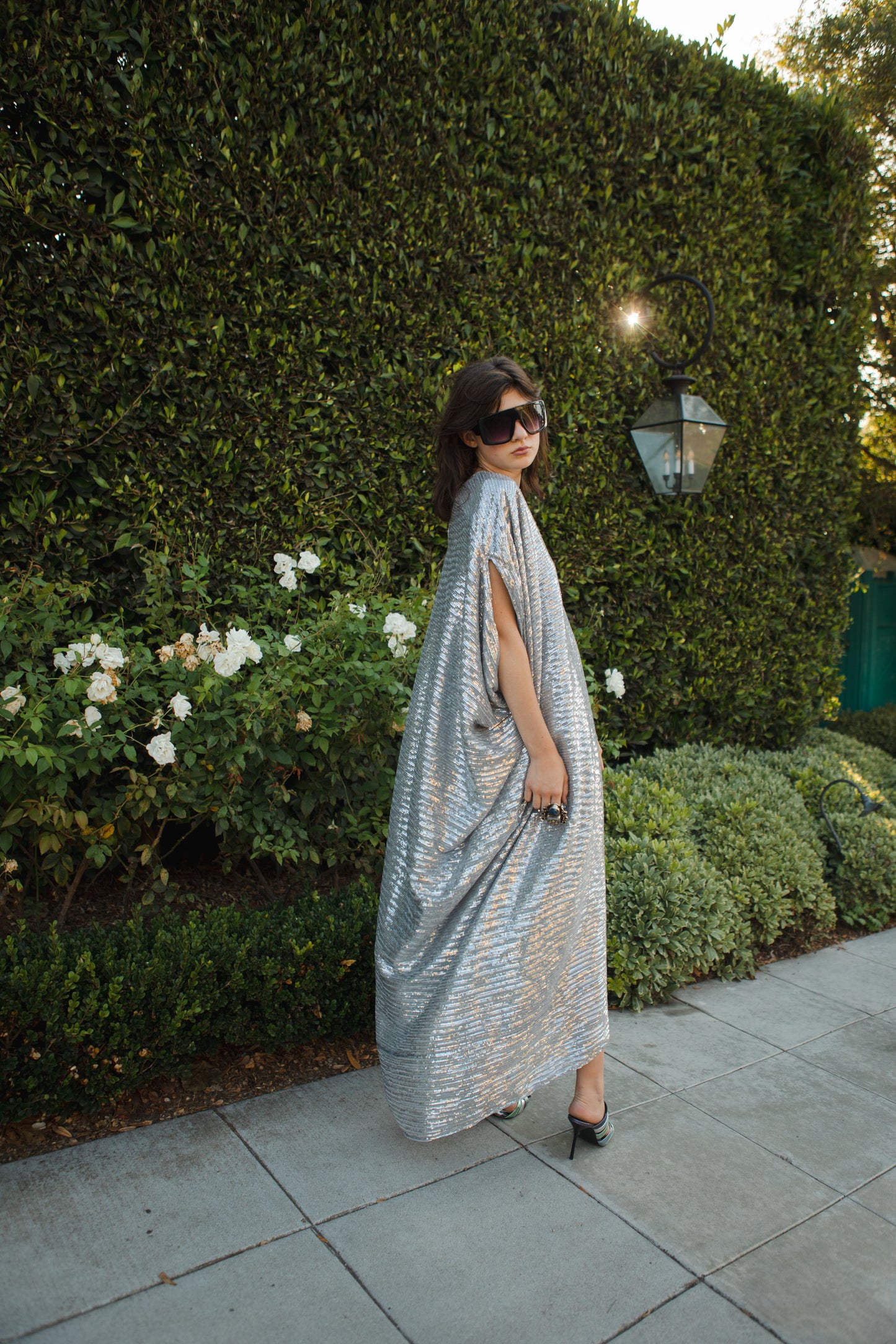 jennafer grace Platinum Sequin caftan shiny shimmery glittering bright silver sequined kaftan mumu shift dress coverup casual boho bohemian hippie beach resort spa lounge loungewear layering unisex handmade in California USA