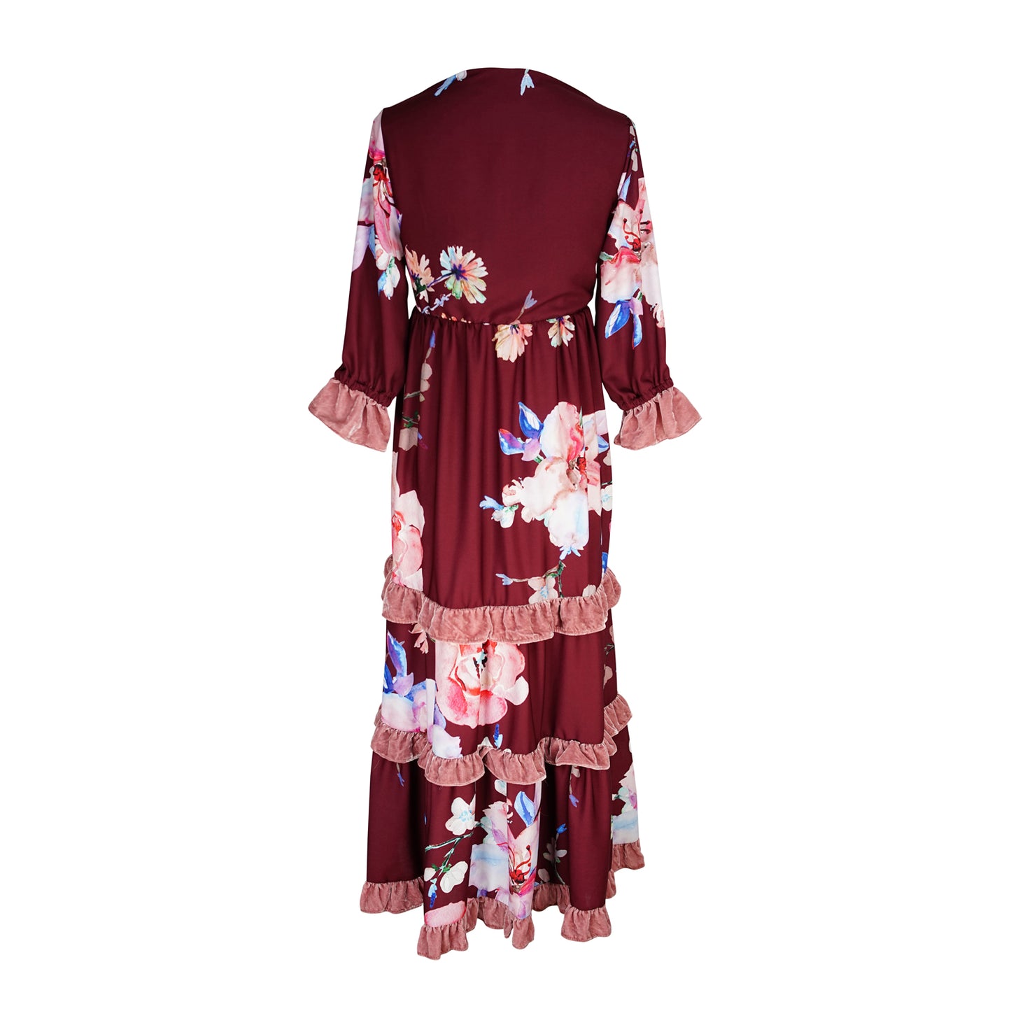 Jennafer Grace Plum Rose Velvet Ruffle maxi dress burgundy wine mauve bordeaux dark purple red pink summer dress full circle skirt cuff sleeves boho bohemian hippie romantic whimsical unisex handmade in California USA