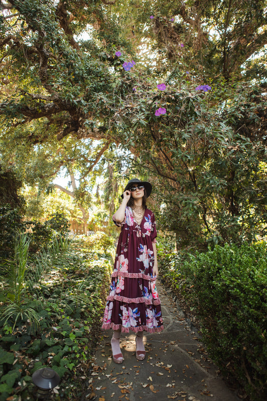 Jennafer Grace Plum Rose Velvet Ruffle maxi dress burgundy wine mauve bordeaux dark purple red pink summer dress full circle skirt cuff sleeves boho bohemian hippie romantic whimsical unisex handmade in California USA