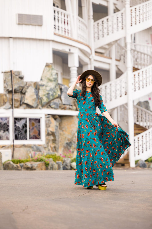 jennafer grace poppy poppies flowers floral blue teal red floor length maxi dress half sleeve reversible boho bohemian hippie handmade