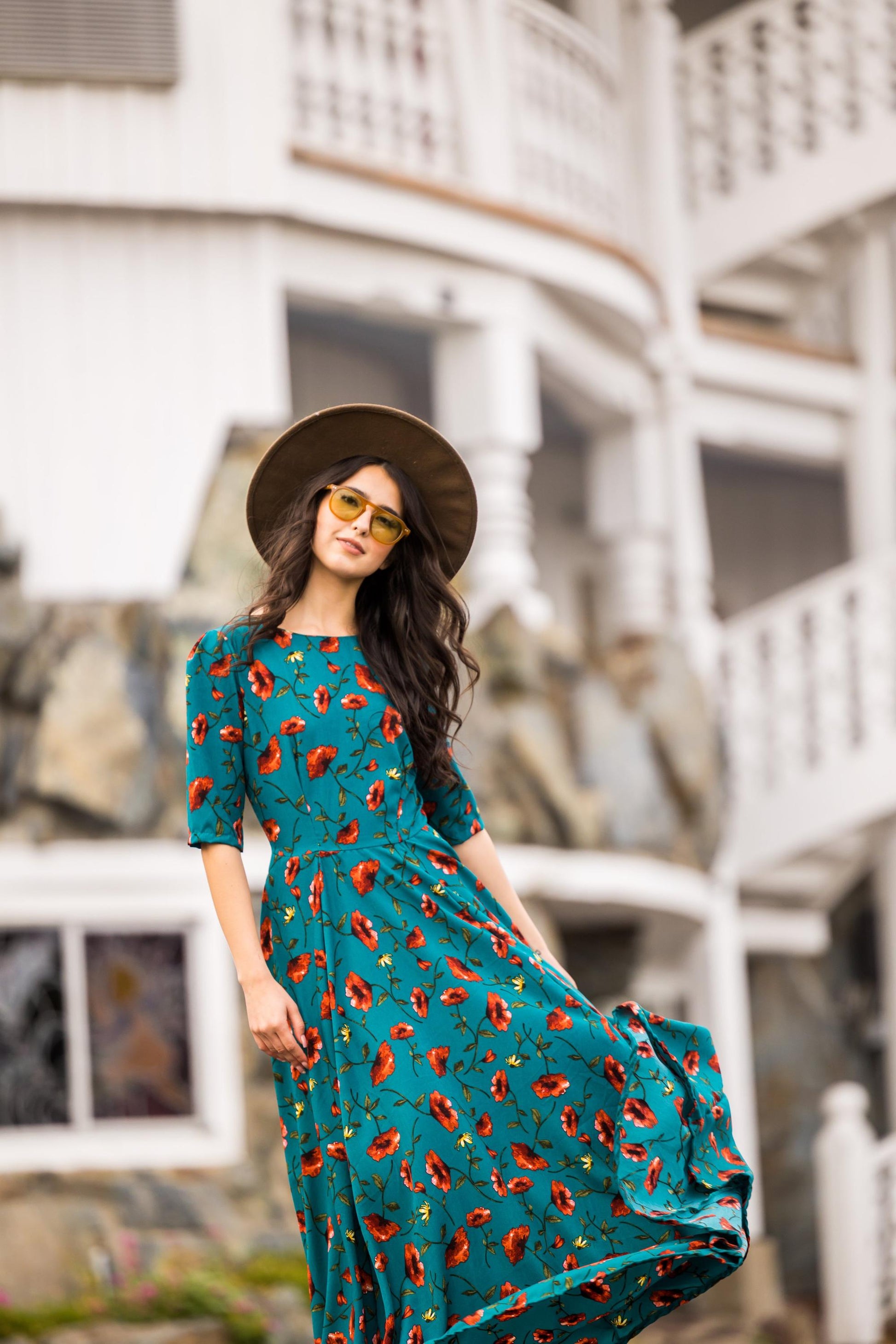 jennafer grace poppy poppies flowers floral blue teal red floor length maxi dress half sleeve reversible boho bohemian hippie handmade