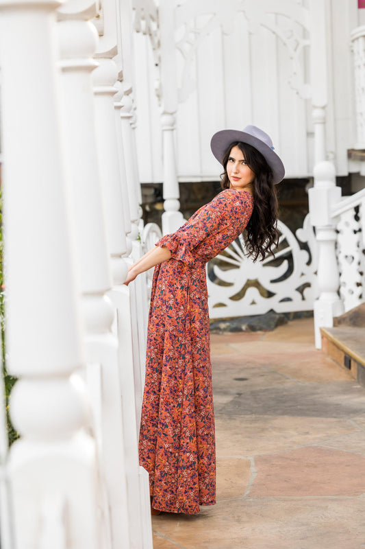 jennafer grace dressing gown coverup duster layering dress boho bohemian hippie romantic whimsical cottagecore beach resort holiday coral floral ruffle sleeve handmade