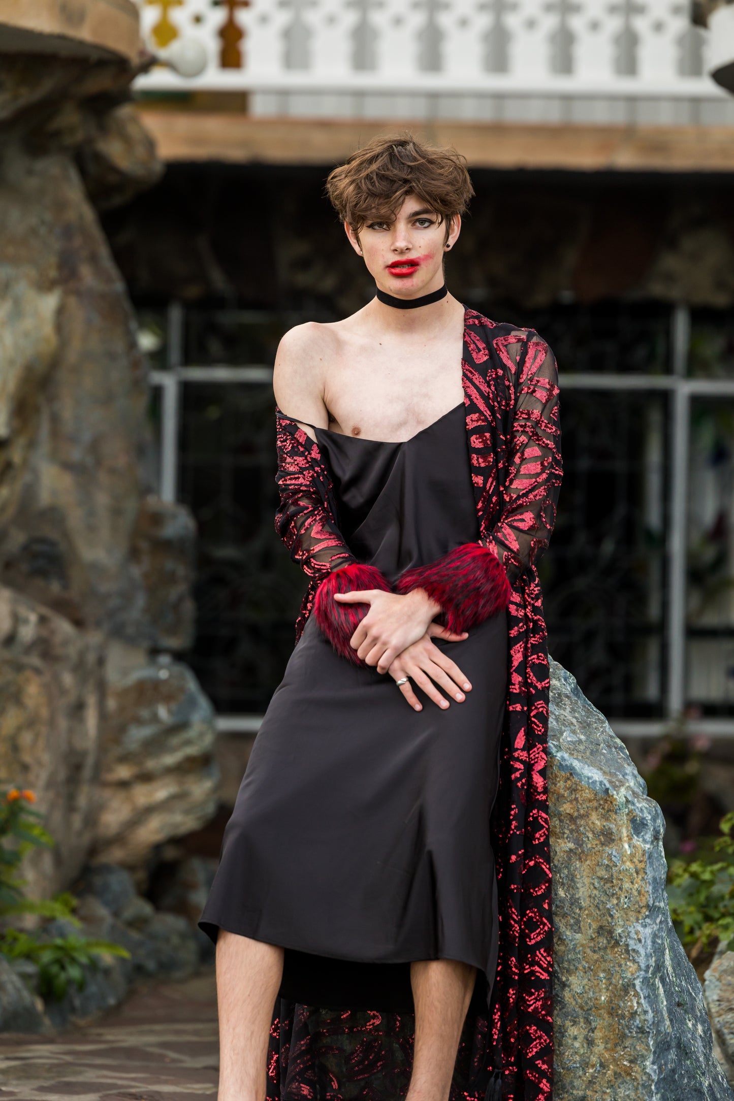 jennafer grace Ruby sequin faux fur cuff duster jacket retro 70s red sequined black mesh goth gothic boho bohemian old hollywood glam unisex handmade in California USA