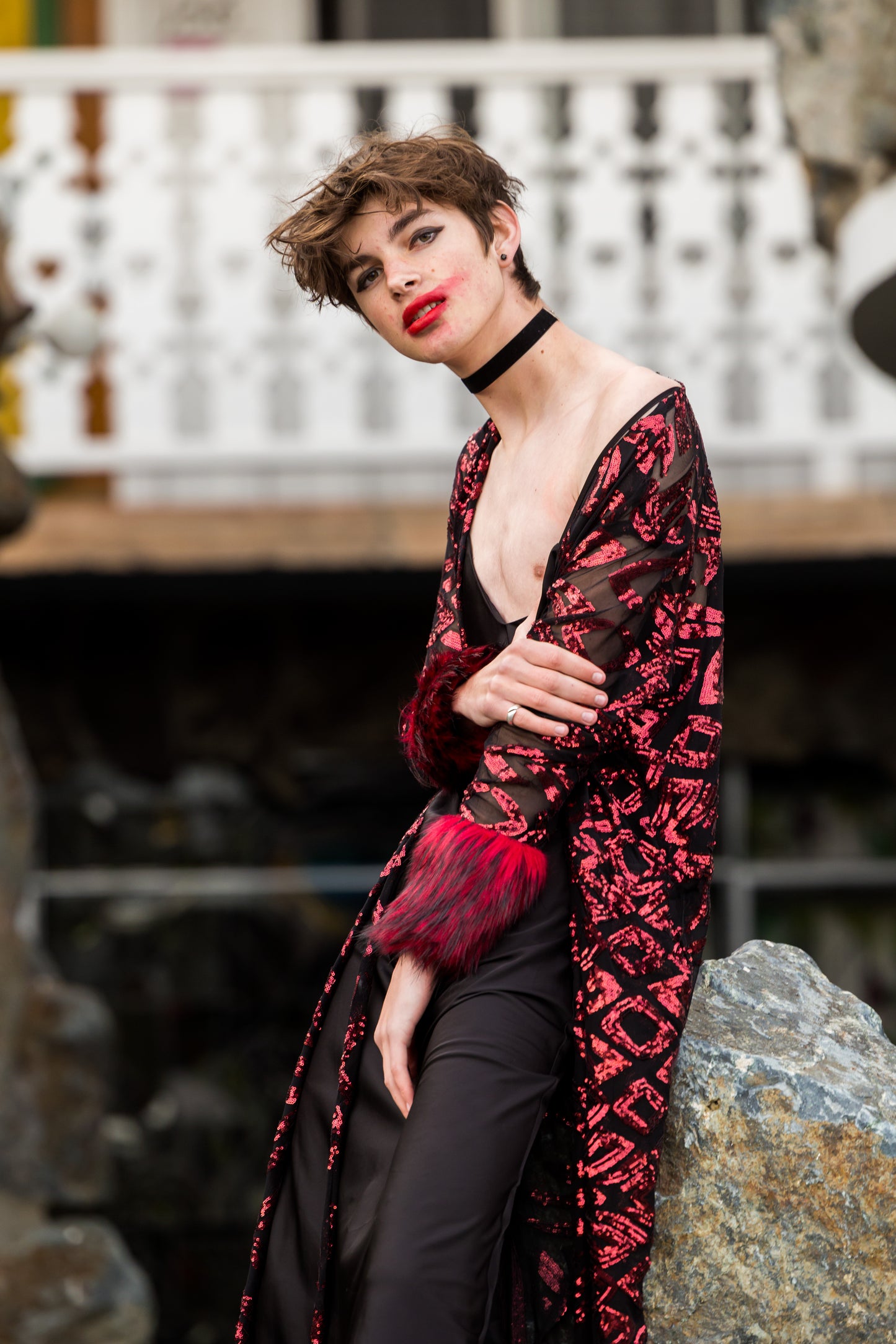 jennafer grace Ruby sequin faux fur cuff duster jacket retro 70s red sequined black mesh goth gothic boho bohemian old hollywood glam unisex handmade in California USA