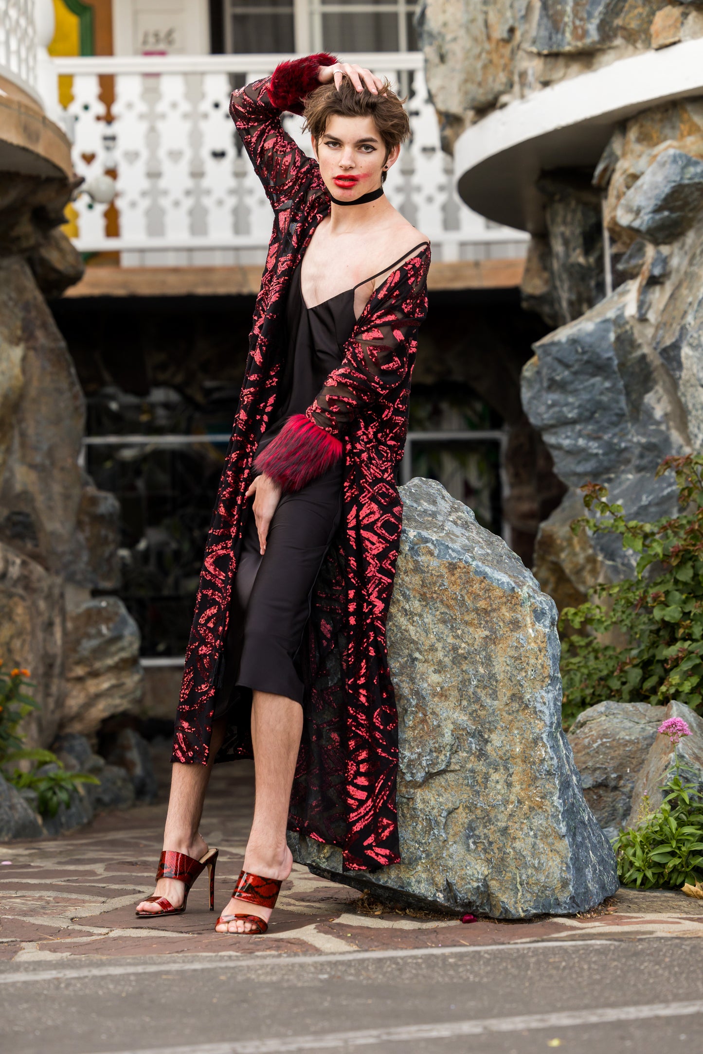jennafer grace Ruby sequin faux fur cuff duster jacket retro 70s red sequined black mesh goth gothic boho bohemian old hollywood glam unisex handmade in California USA