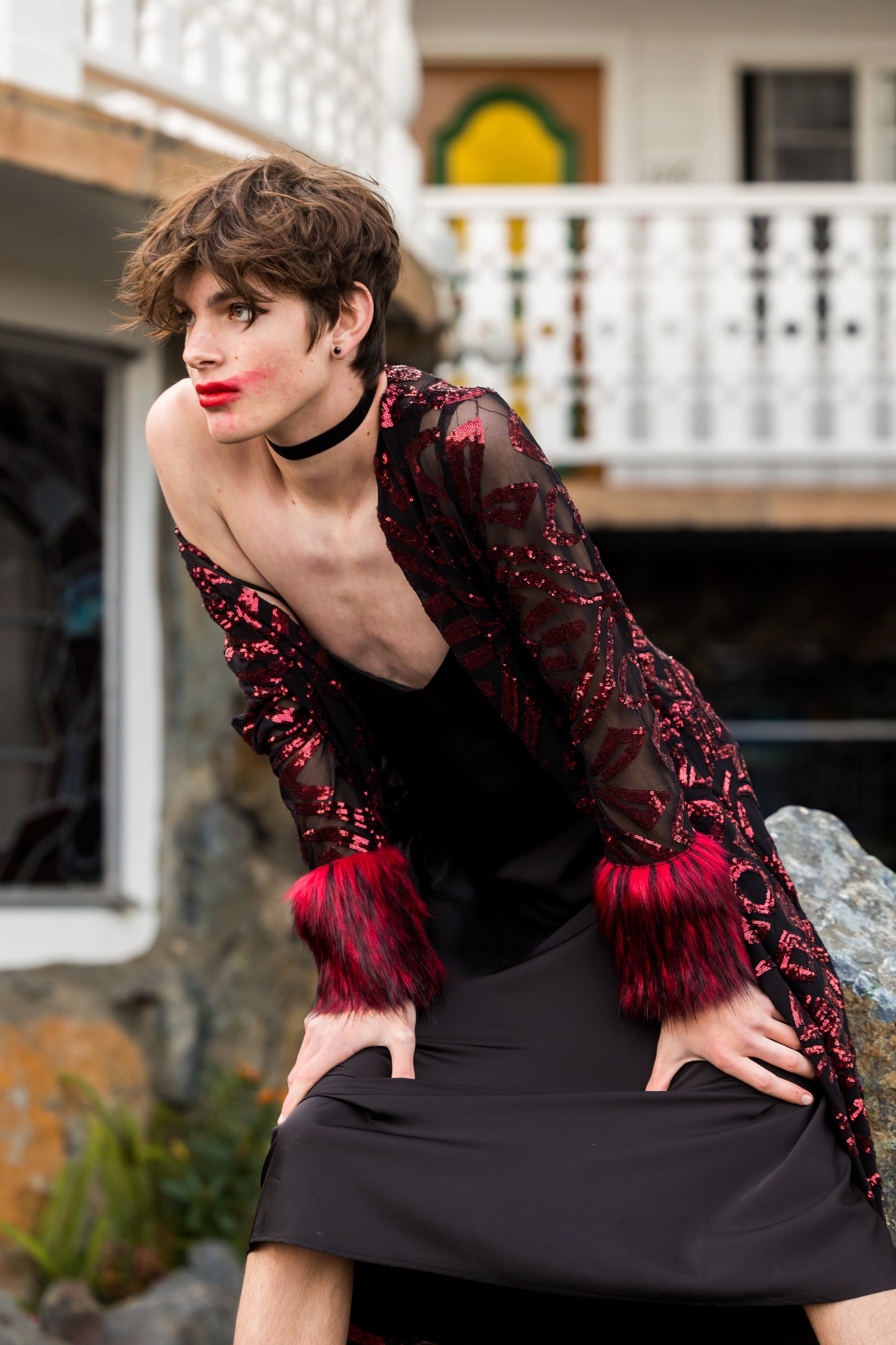 jennafer grace Ruby sequin faux fur cuff duster jacket retro 70s red sequined black mesh goth gothic boho bohemian old hollywood glam unisex handmade in California USA