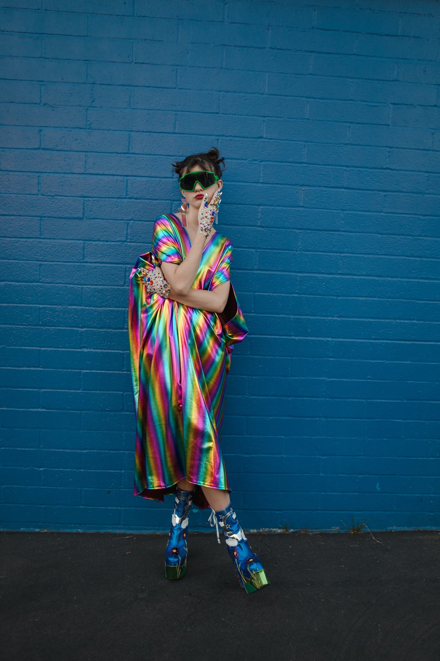 jennafer grace Rainbow Magic caftan iridescent metallic rainbow stripe print kaftan mumu shift dress coverup casual boho bohemian festival hippie beach resort spa lounge loungewear layering unisex handmade in California USA