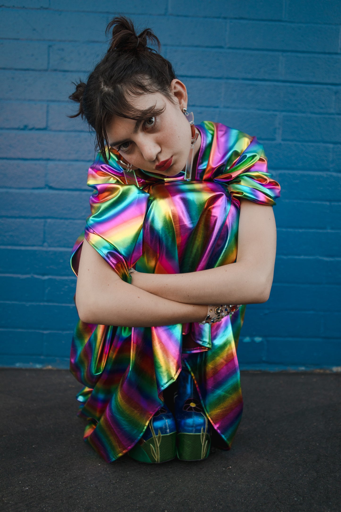 jennafer grace Rainbow Magic caftan iridescent metallic rainbow stripe print kaftan mumu shift dress coverup casual boho bohemian festival hippie beach resort spa lounge loungewear layering unisex handmade in California USA