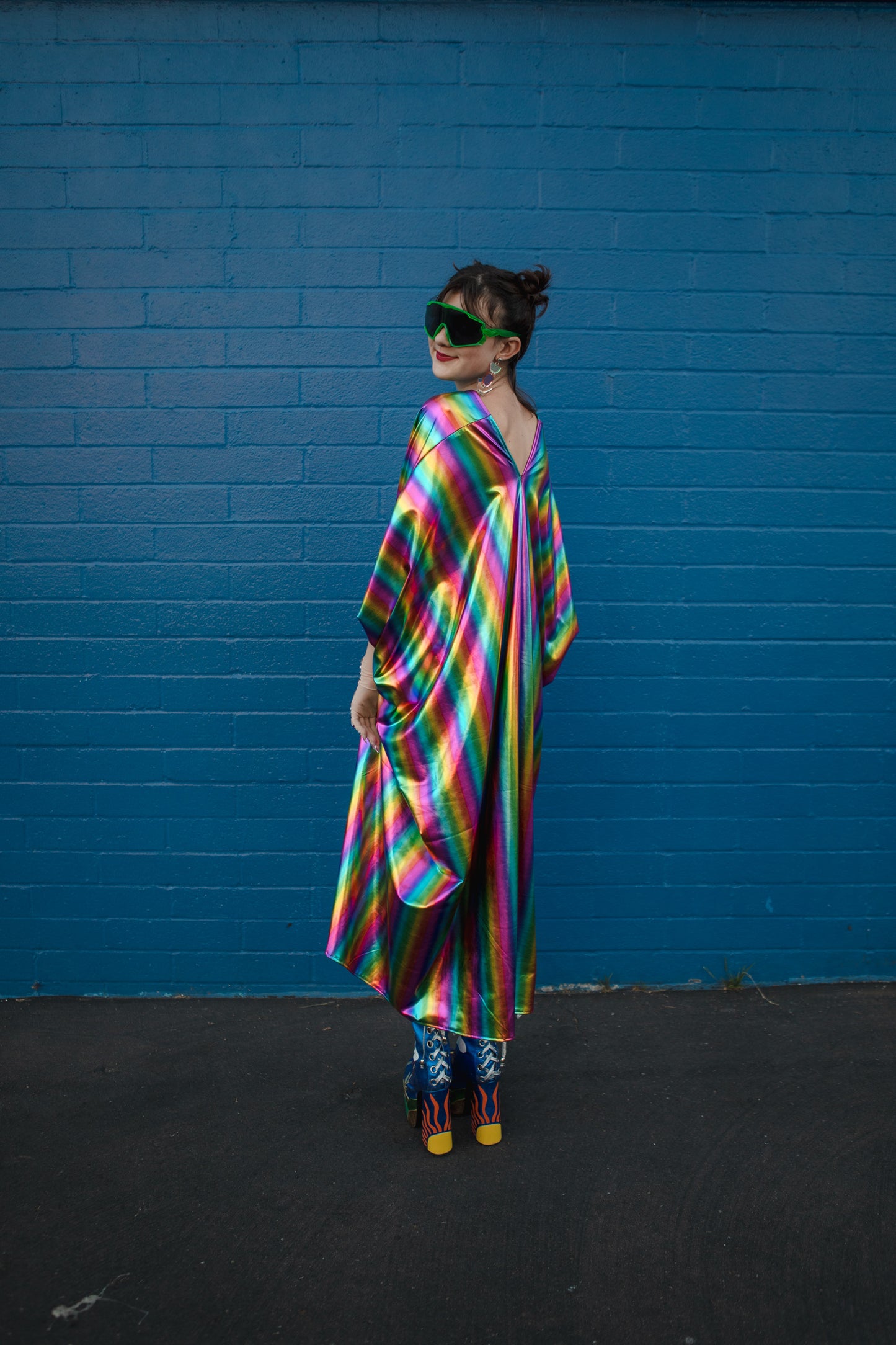 jennafer grace Rainbow Magic caftan iridescent metallic rainbow stripe print kaftan mumu shift dress coverup casual boho bohemian festival hippie beach resort spa lounge loungewear layering unisex handmade in California USA