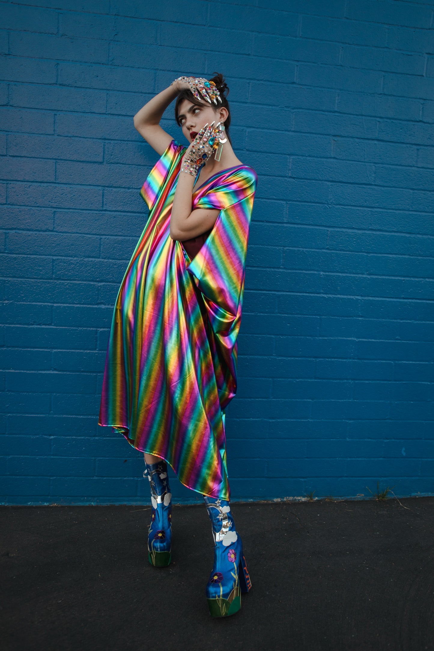 jennafer grace Rainbow Magic caftan iridescent metallic rainbow stripe print kaftan mumu shift dress coverup casual boho bohemian festival hippie beach resort spa lounge loungewear layering unisex handmade in California USA