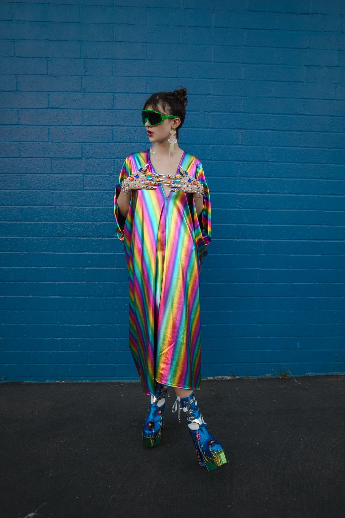 jennafer grace Rainbow Magic caftan iridescent metallic rainbow stripe print kaftan mumu shift dress coverup casual boho bohemian festival hippie beach resort spa lounge loungewear layering unisex handmade in California USA