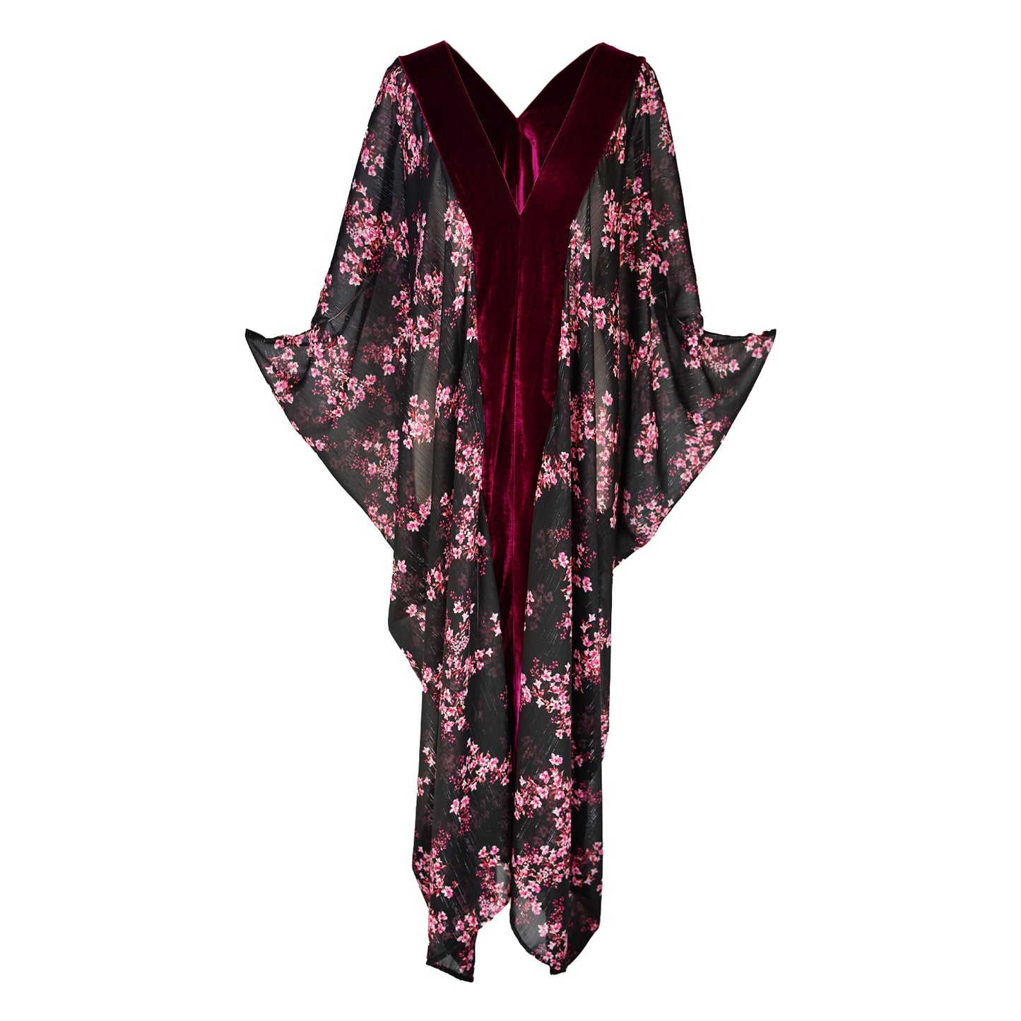 Jennafer Grace Raspberry Blossom Deluxe caftan wine red velvet sheer black chiffon pink floral kaftan mumu shift dress coverup boho bohemian hippie romantic whimsical beach resort spa cabana lounge loungewear layering unisex handmade in California USA