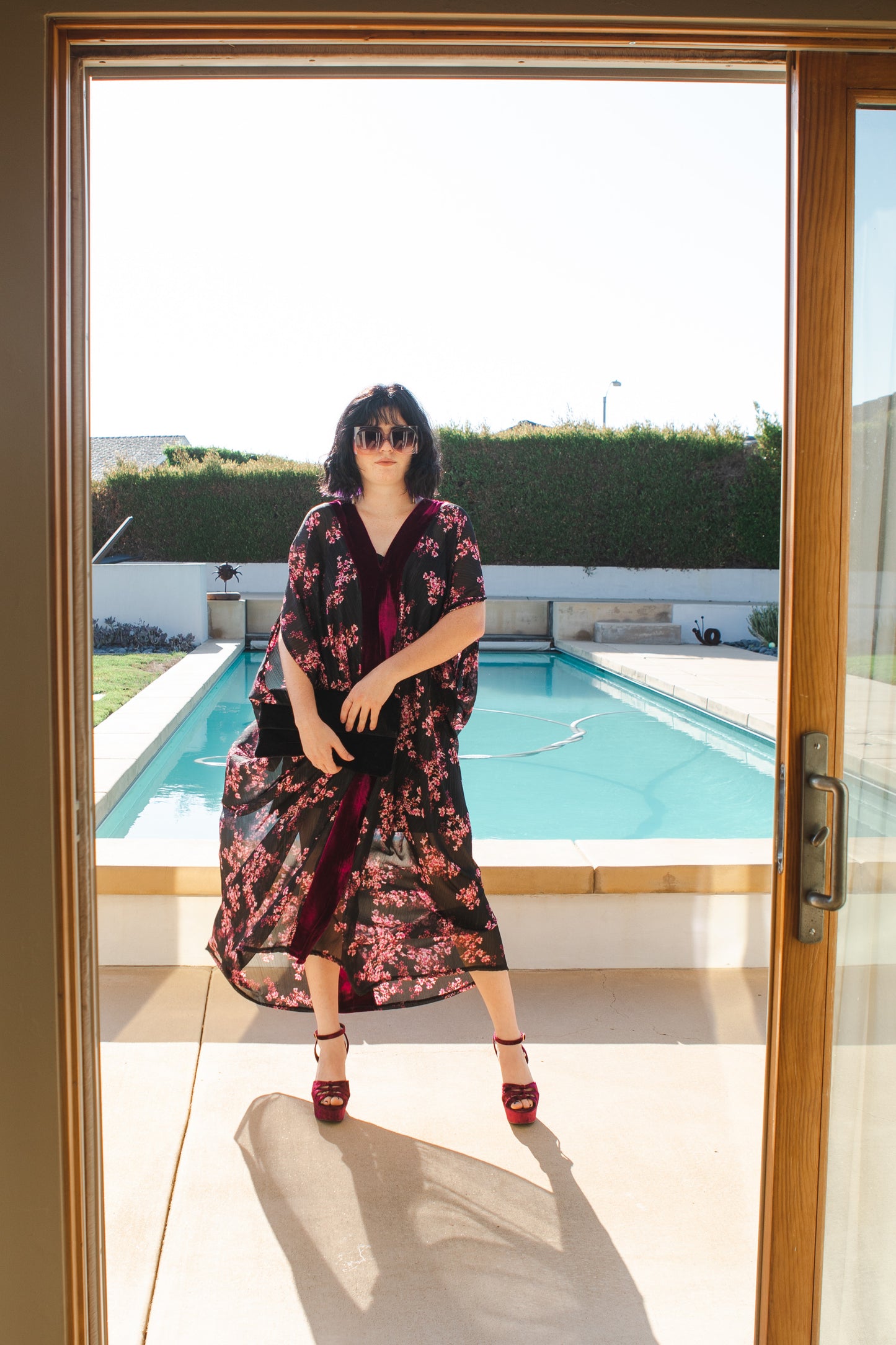 Jennafer Grace Raspberry Blossom Deluxe caftan wine red velvet sheer black chiffon pink floral kaftan mumu shift dress coverup boho bohemian hippie romantic whimsical beach resort spa cabana lounge loungewear layering unisex handmade in California USA