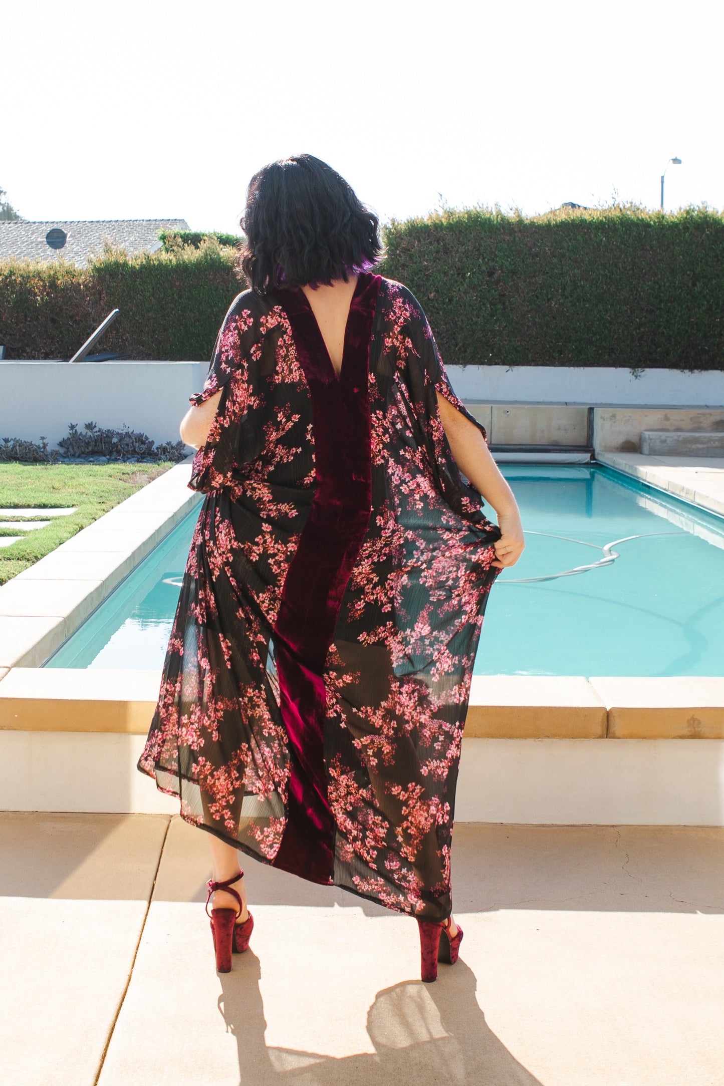 Jennafer Grace Raspberry Blossom Deluxe caftan wine red velvet sheer black chiffon pink floral kaftan mumu shift dress coverup boho bohemian hippie romantic whimsical beach resort spa cabana lounge loungewear layering unisex handmade in California USA