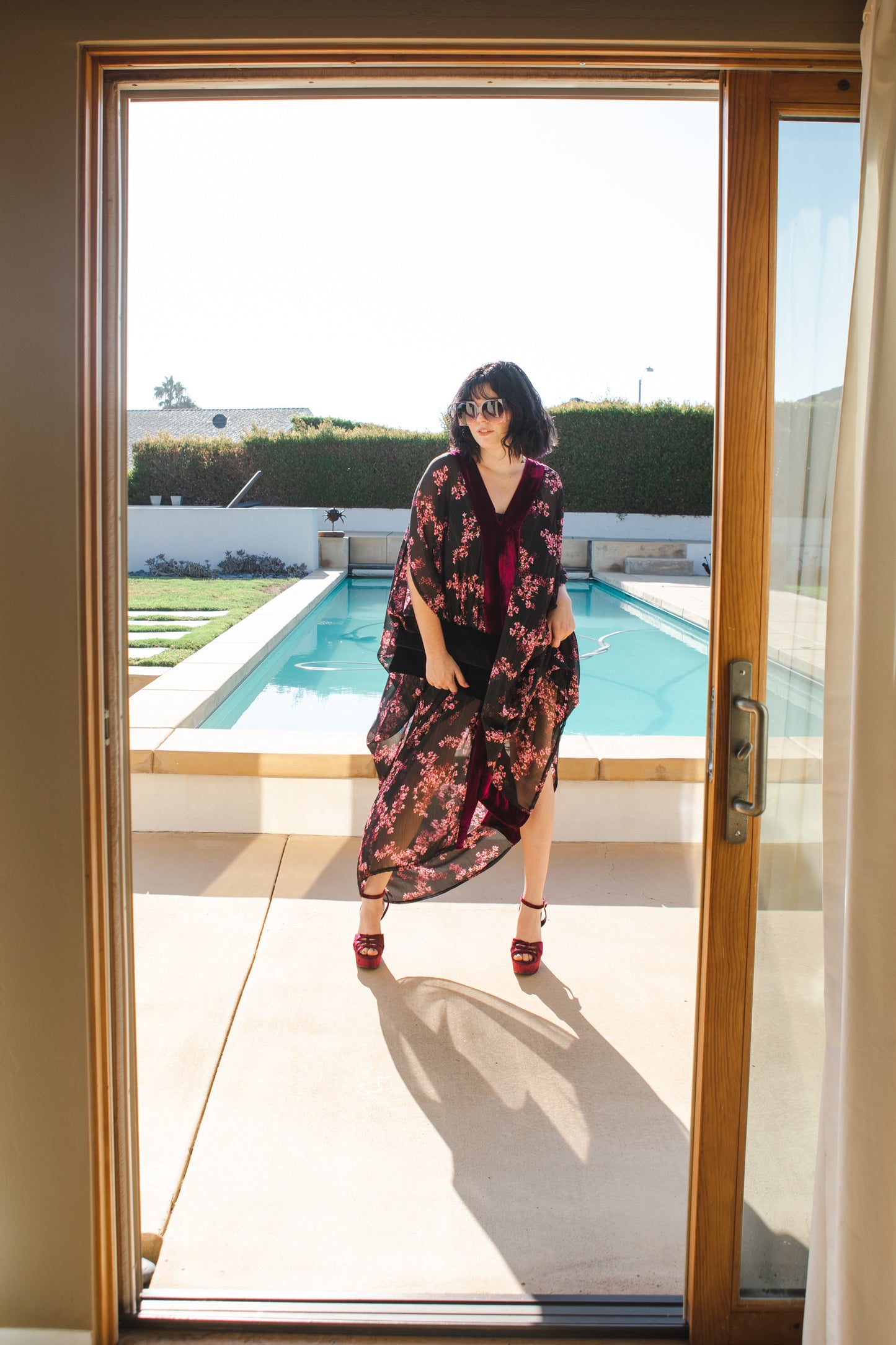 Jennafer Grace Raspberry Blossom Deluxe caftan wine red velvet sheer black chiffon pink floral kaftan mumu shift dress coverup boho bohemian hippie romantic whimsical beach resort spa cabana lounge loungewear layering unisex handmade in California USA