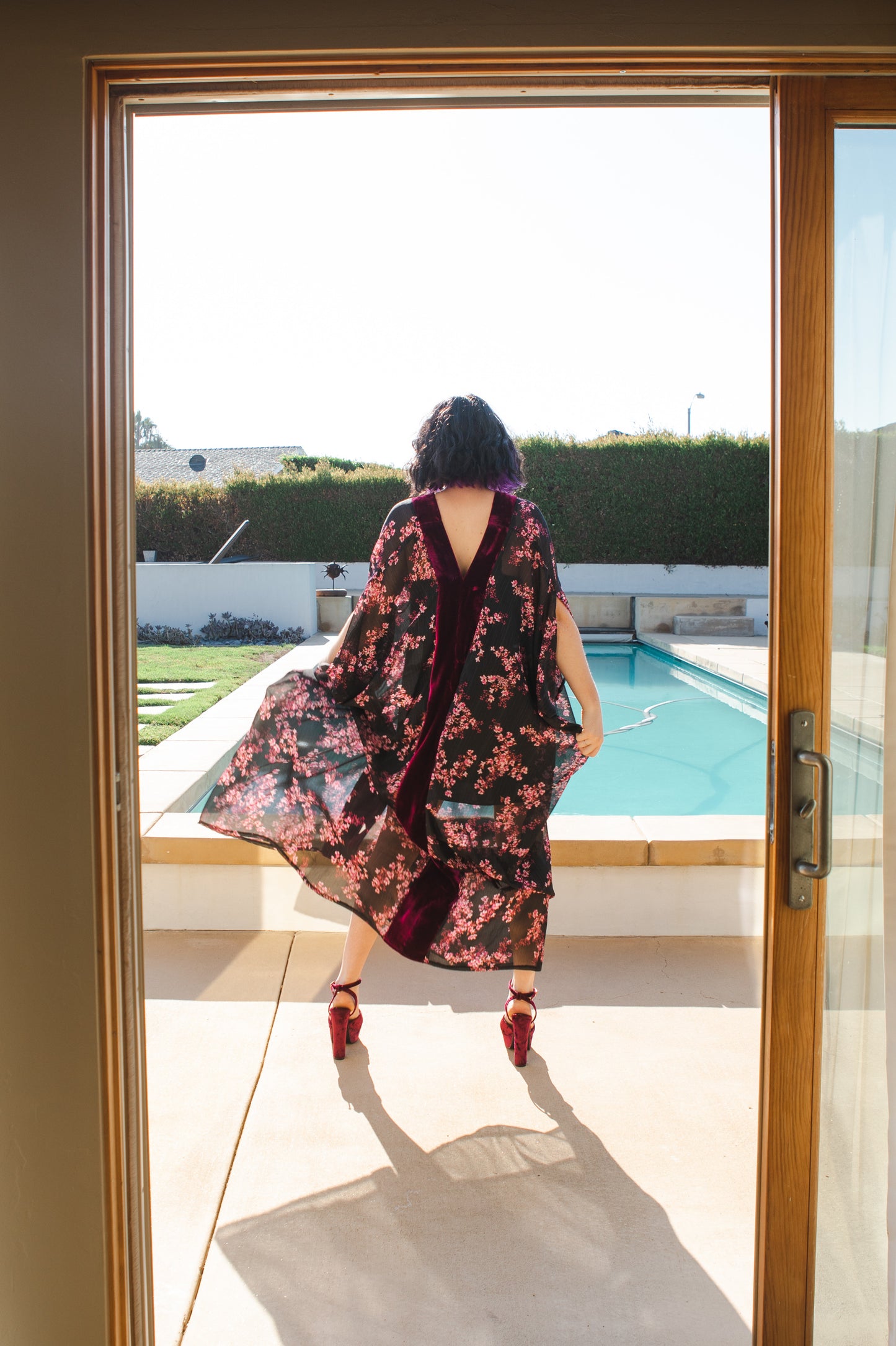 Jennafer Grace Raspberry Blossom Deluxe caftan wine red velvet sheer black chiffon pink floral kaftan mumu shift dress coverup boho bohemian hippie romantic whimsical beach resort spa cabana lounge loungewear layering unisex handmade in California USA