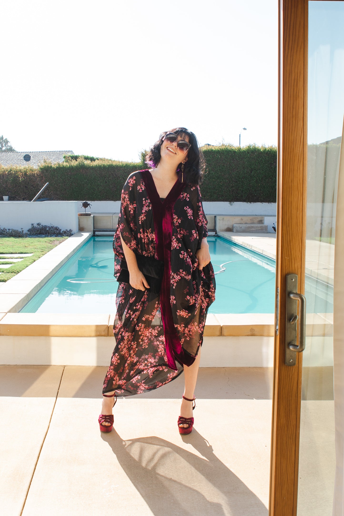 Jennafer Grace Raspberry Blossom Deluxe caftan wine red velvet sheer black chiffon pink floral kaftan mumu shift dress coverup boho bohemian hippie romantic whimsical beach resort spa cabana lounge loungewear layering unisex handmade in California USA