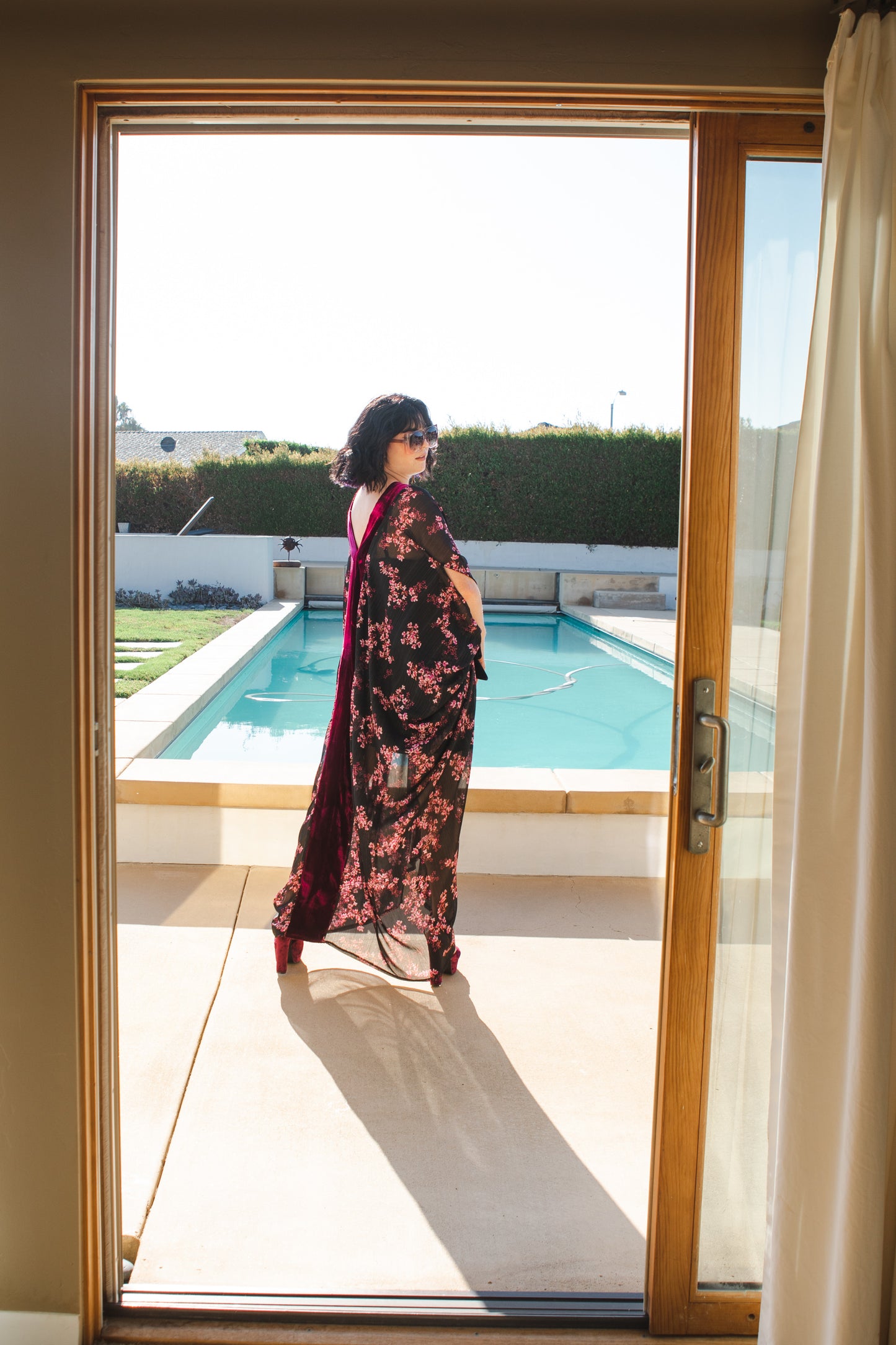 Jennafer Grace Raspberry Blossom Deluxe caftan wine red velvet sheer black chiffon pink floral kaftan mumu shift dress coverup boho bohemian hippie romantic whimsical beach resort spa cabana lounge loungewear layering unisex handmade in California USA