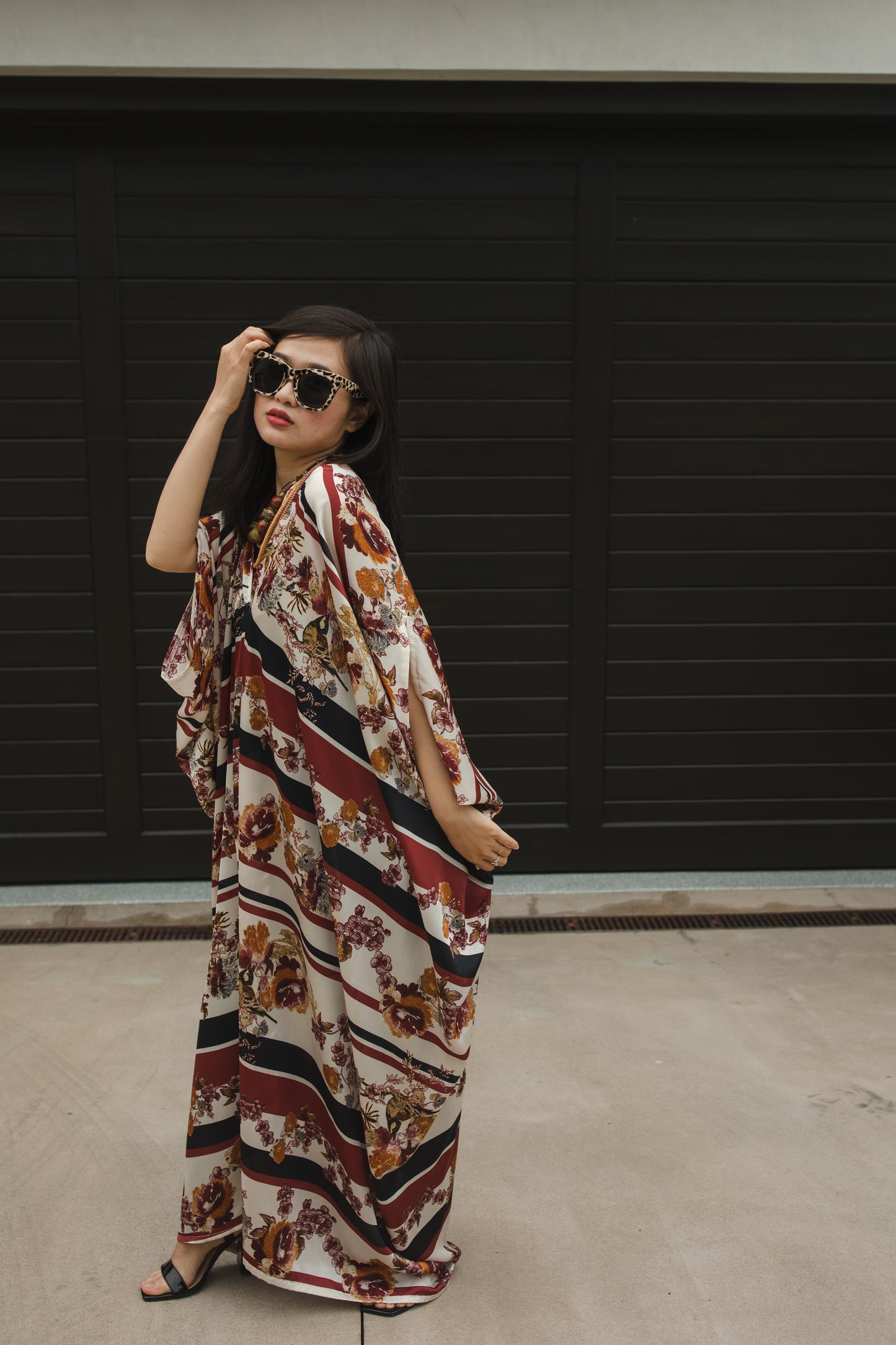 jennafer grace Chestnut Chickadee caftan burnt sienna burgundy black horizontal stripes stripe striped autumnal turmeric yellow orange avian floral print kaftan mumu shift dress coverup casual boho bohemian hippie beach resort spa lounge loungewear layering unisex handmade in California USA