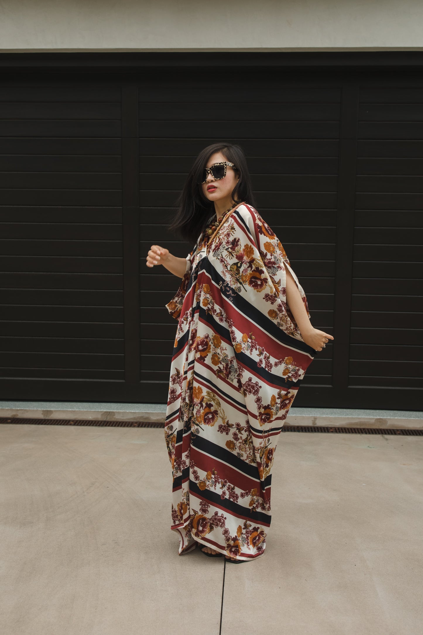 jennafer grace Chestnut Chickadee caftan burnt sienna burgundy black horizontal stripes stripe striped autumnal turmeric yellow orange avian floral print kaftan mumu shift dress coverup casual boho bohemian hippie beach resort spa lounge loungewear layering unisex handmade in California USA