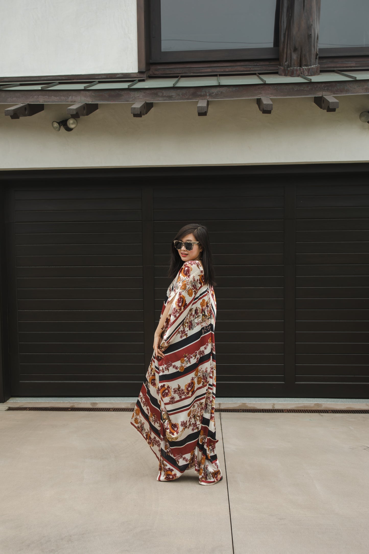 jennafer grace Chestnut Chickadee caftan burnt sienna burgundy black horizontal stripes stripe striped autumnal turmeric yellow orange avian floral print kaftan mumu shift dress coverup casual boho bohemian hippie beach resort spa lounge loungewear layering unisex handmade in California USA