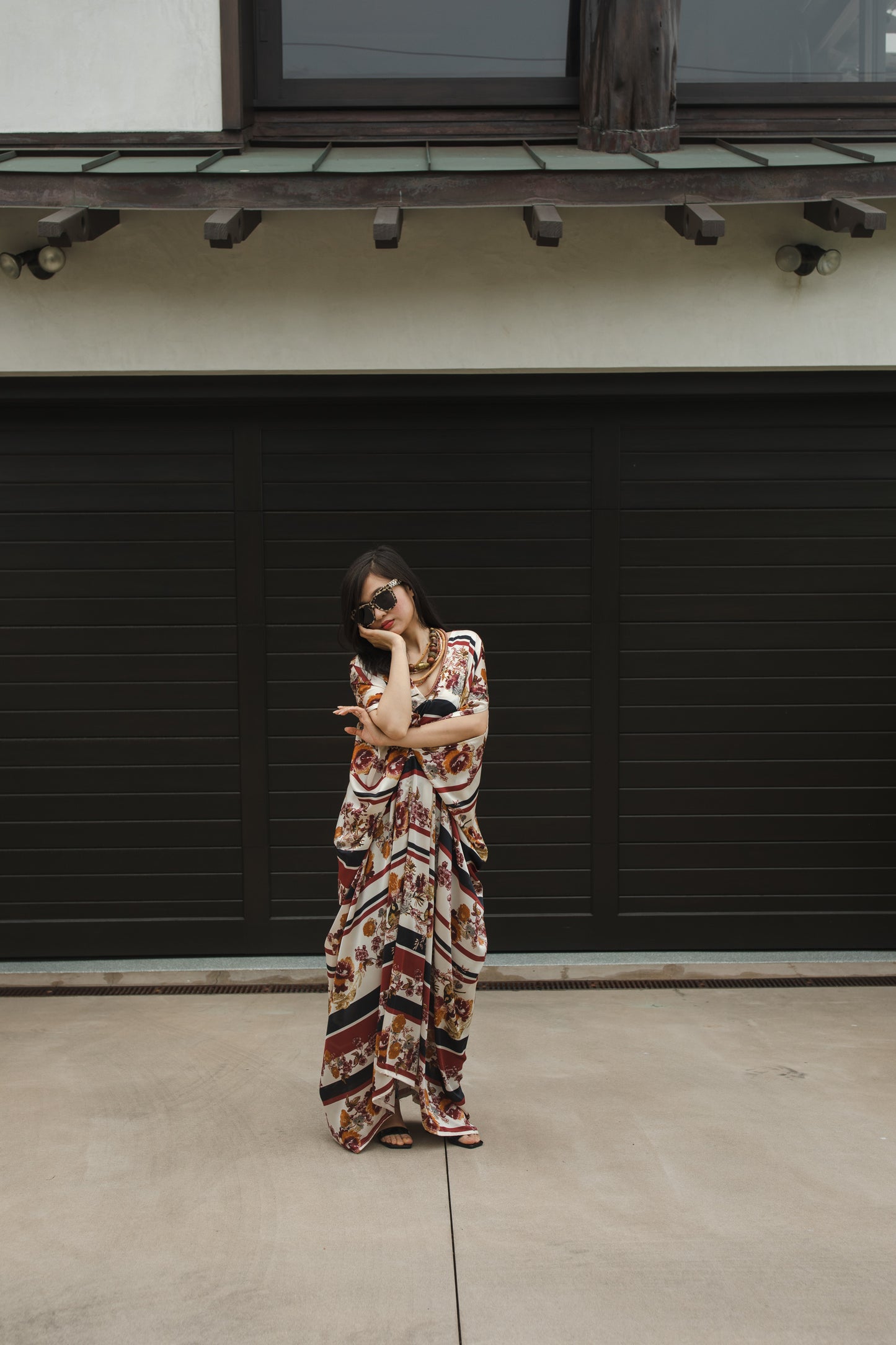 jennafer grace Chestnut Chickadee caftan burnt sienna burgundy black horizontal stripes stripe striped autumnal turmeric yellow orange avian floral print kaftan mumu shift dress coverup casual boho bohemian hippie beach resort spa lounge loungewear layering unisex handmade in California USA