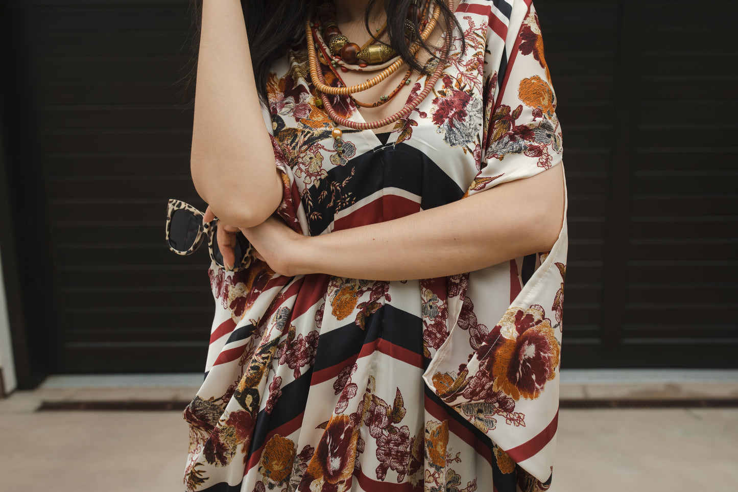jennafer grace Chestnut Chickadee caftan burnt sienna burgundy black horizontal stripes stripe striped autumnal turmeric yellow orange avian floral print kaftan mumu shift dress coverup casual boho bohemian hippie beach resort spa lounge loungewear layering unisex handmade in California USA