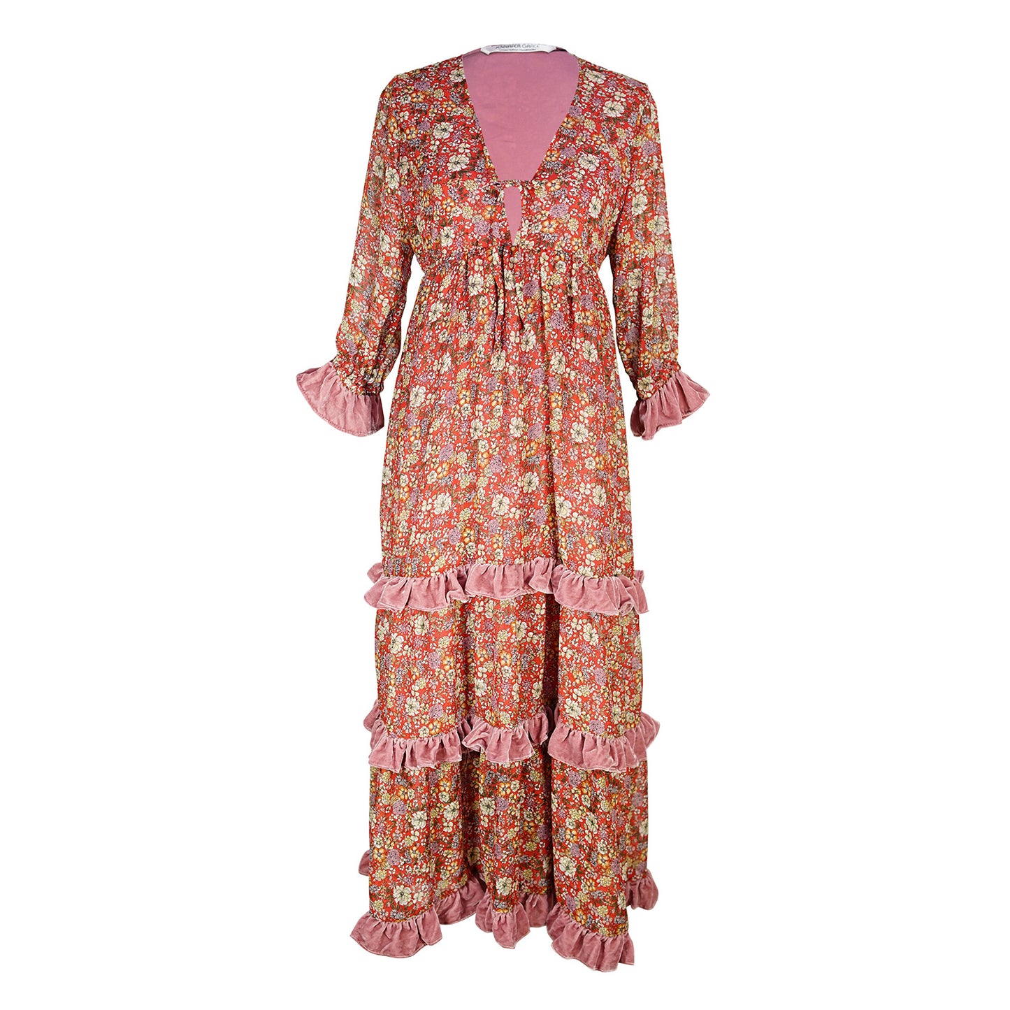 Jennafer Grace Rouge Bloom Velvet Ruffle maxi dress orange-red cinnabar titian rust blush pink summer dress full circle skirt cuff sleeves boho bohemian hippie romantic whimsical unisex handmade in California USA