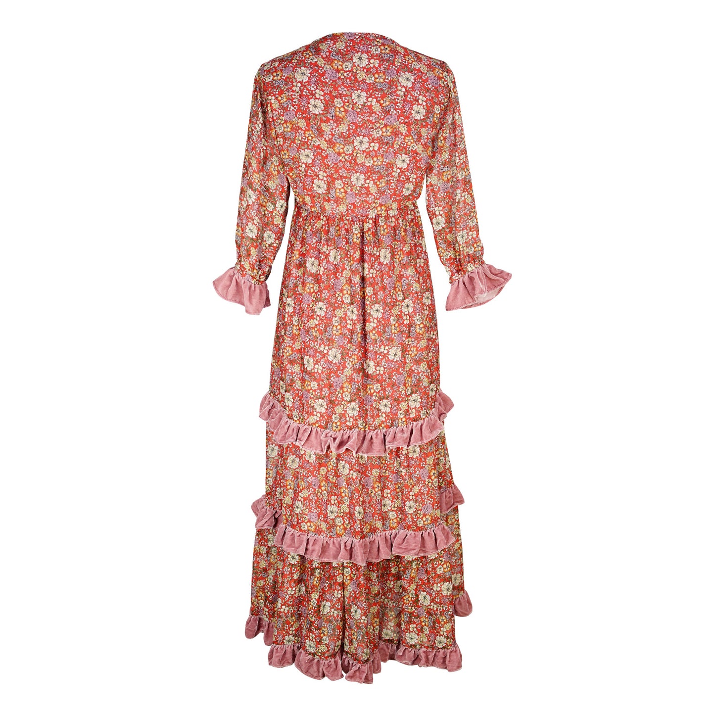 Jennafer Grace Rouge Bloom Velvet Ruffle maxi dress orange-red cinnabar titian rust blush pink summer dress full circle skirt cuff sleeves boho bohemian hippie romantic whimsical unisex handmade in California USA
