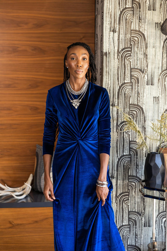 jennafer grace royal blue stretch velvet dress luxe luxurious old hollywood glam boho bohemian hippie cocktail dress evening gown date night handmade