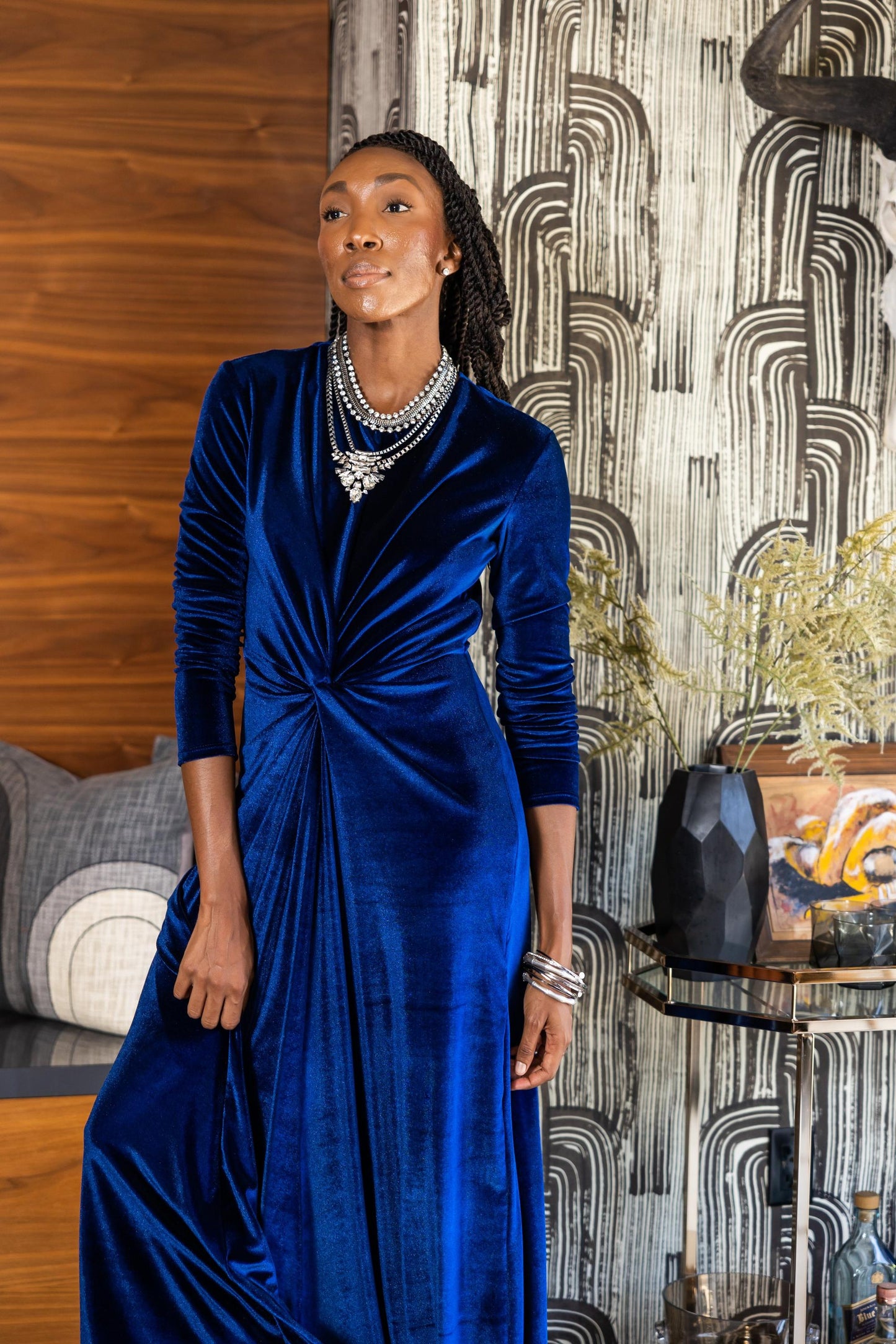 jennafer grace royal blue stretch velvet dress luxe luxurious old hollywood glam boho bohemian hippie cocktail dress evening gown date night handmade
