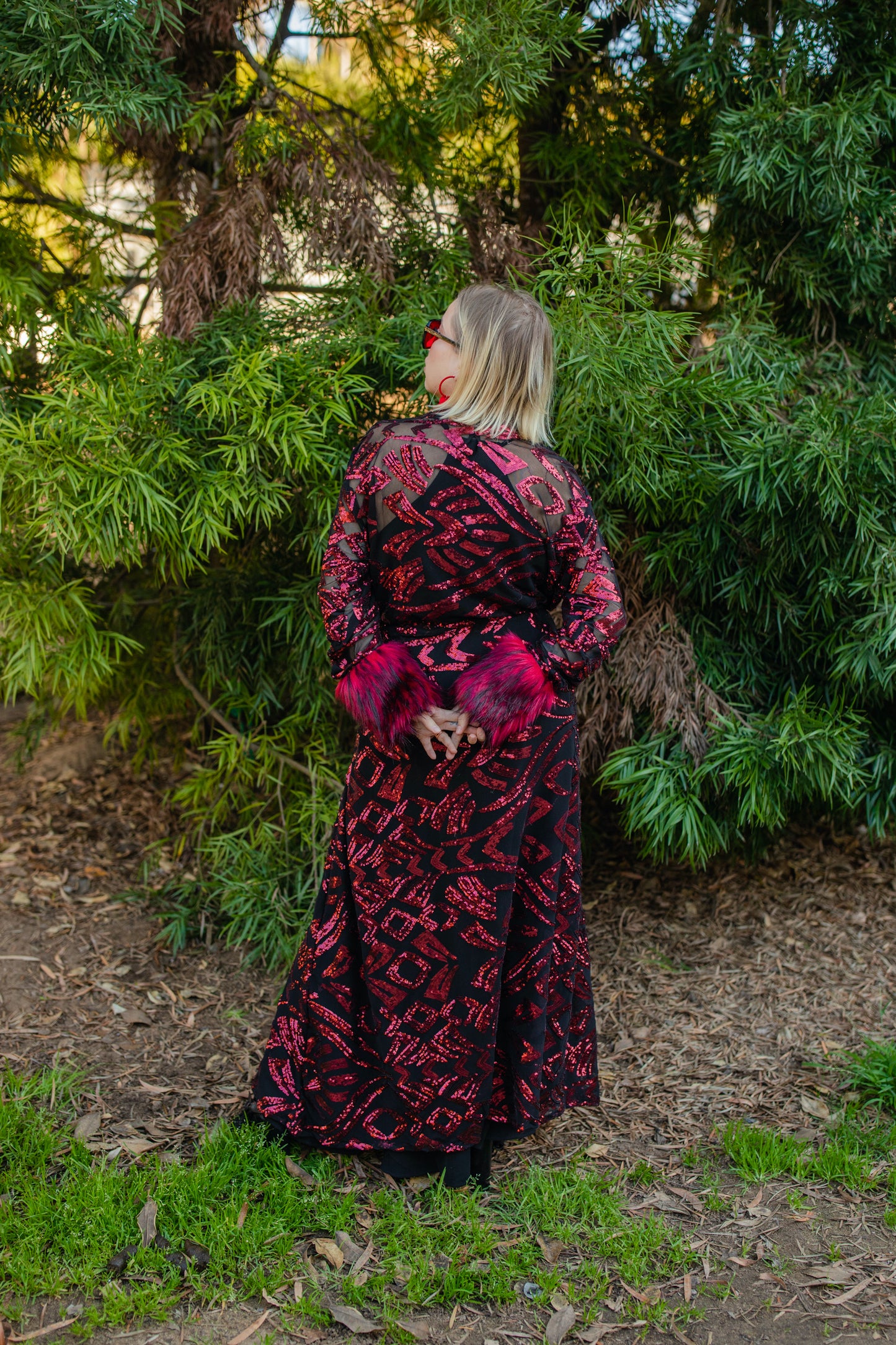 jennafer grace Ruby sequin faux fur cuff duster jacket retro 70s red sequined black mesh goth gothic boho bohemian old hollywood glam unisex handmade in California USA