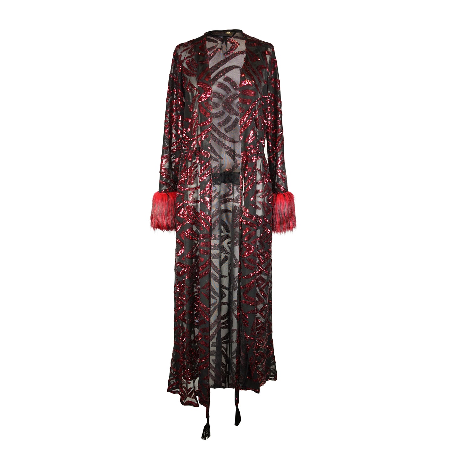 jennafer grace Ruby sequin faux fur cuff duster jacket retro 70s red sequined black mesh goth gothic boho bohemian old hollywood glam unisex handmade in California USA